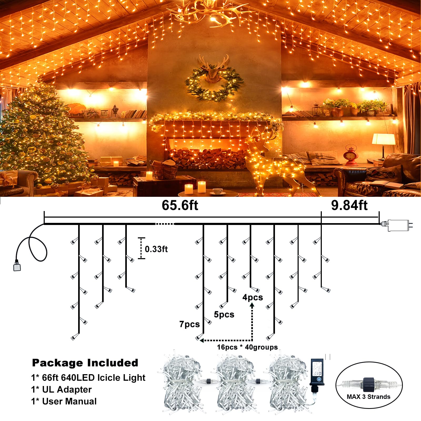 66Ft 640 Led Christmas Lights Outdoor, Icicle Lights For Outside With 8 Modes 120 Drops, Waterproof Plug In Curtain String Lights For Indoor House Yard Roof Party Holiday Decorations, Orange