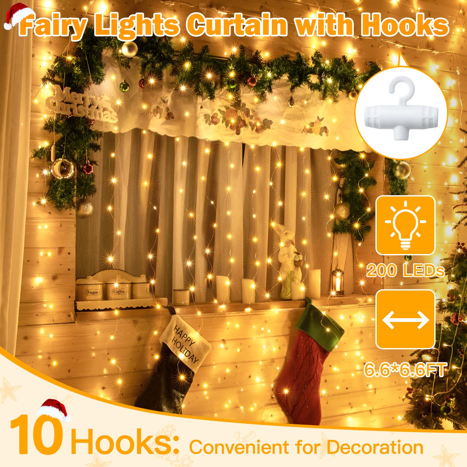 Ollny Fairy Lights Curtain 200 LED, 6.6x6.6ft, Warm White, USB Powered, Waterproof, Model W0520M200L, Indoor/Outdoor Decorations