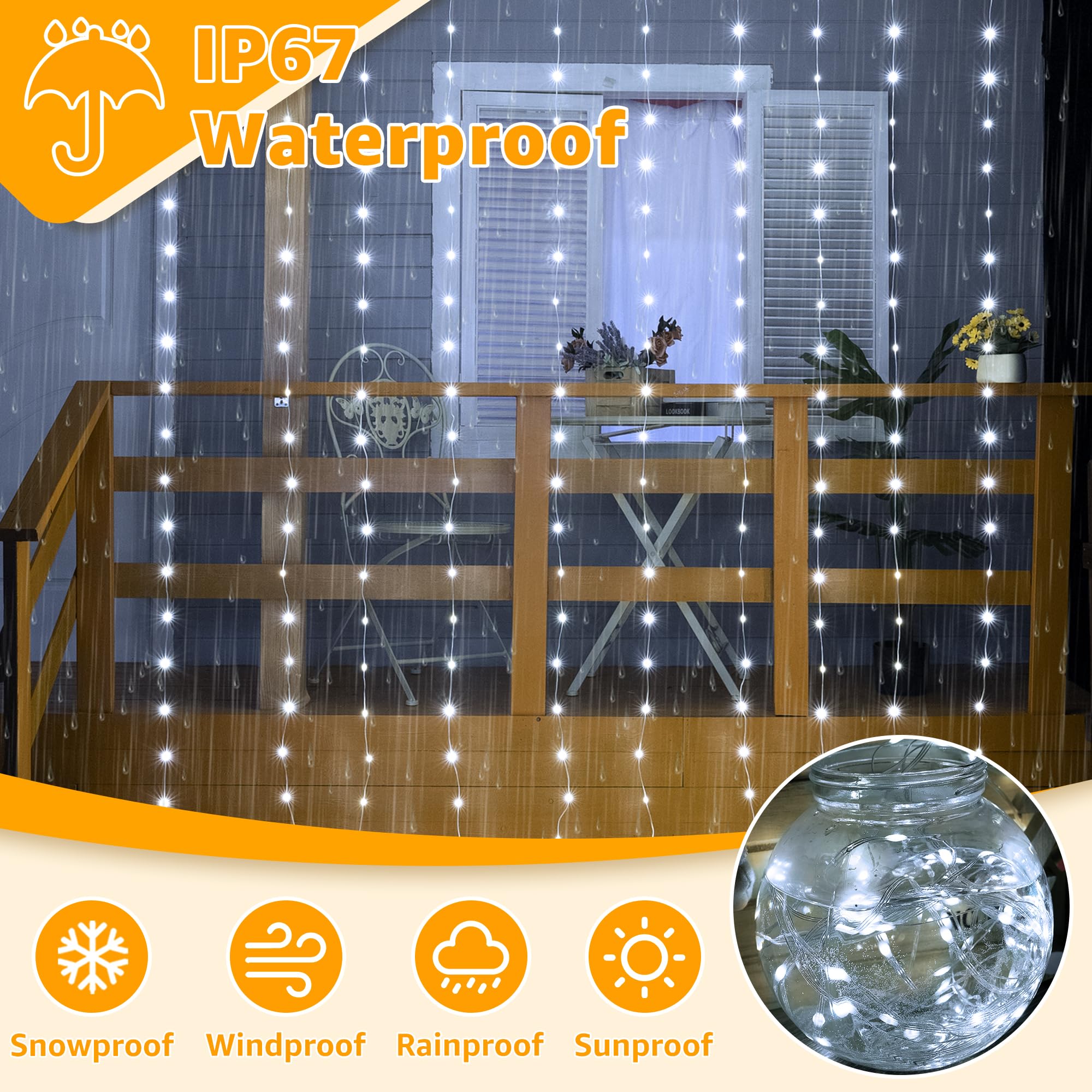 Ollny Curtain Lights 300Led 9.8Ftx9.8Ft  Connectable Ip67 Waterproof Outdoor Curtain String Lights With Remote  Plug-In Untangle Fairy Lights With 8 Modes 3 Timers For Wall Backdrop Decor(Cool White)