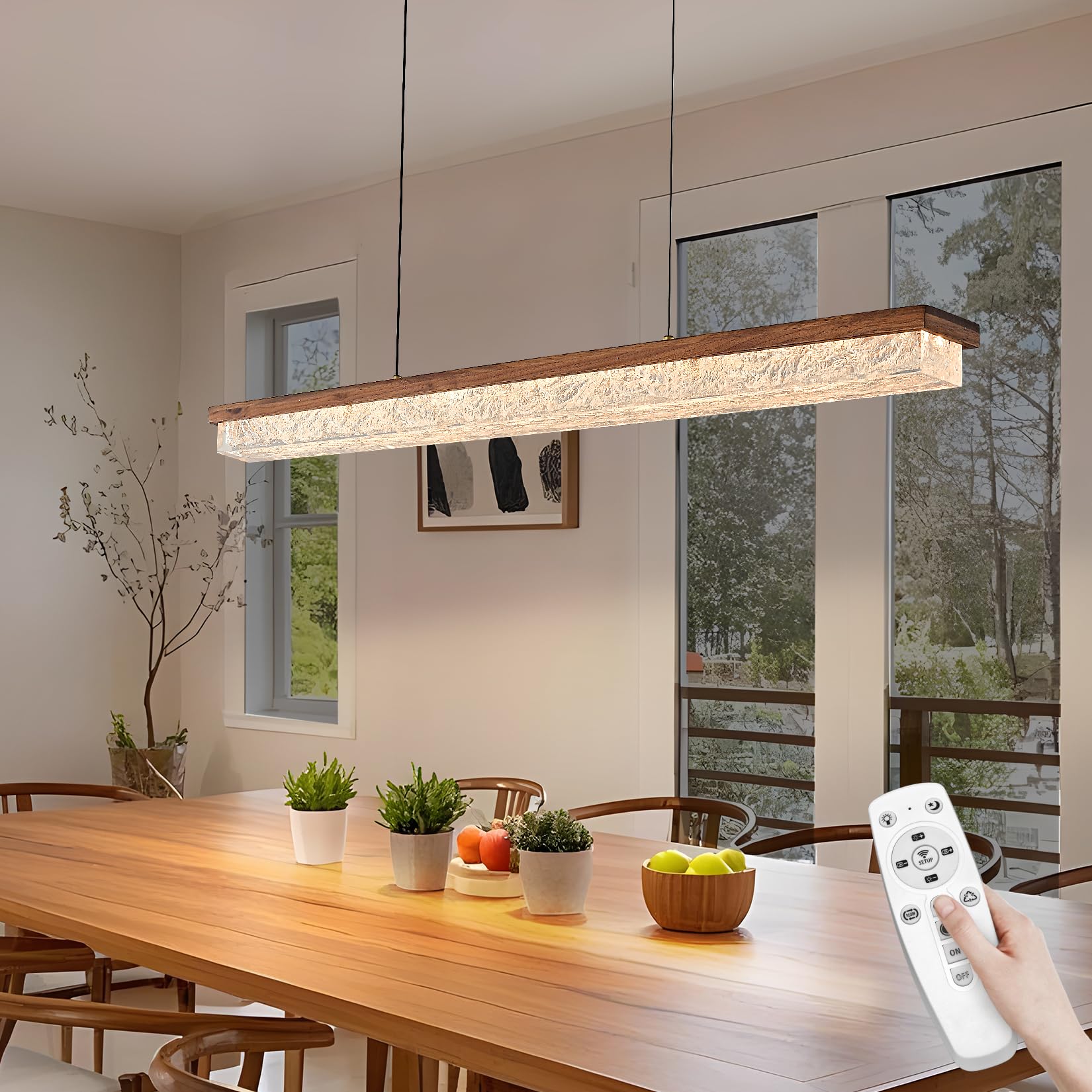 Wood Linear Chandelier Dimmable Kitchen Island Lighting with Remote Modern LED Pendant Light Fixture for Dining Room Over Table Walnut Linear Chandeliers for bar Living Room Pool Table  3000K-6000K.