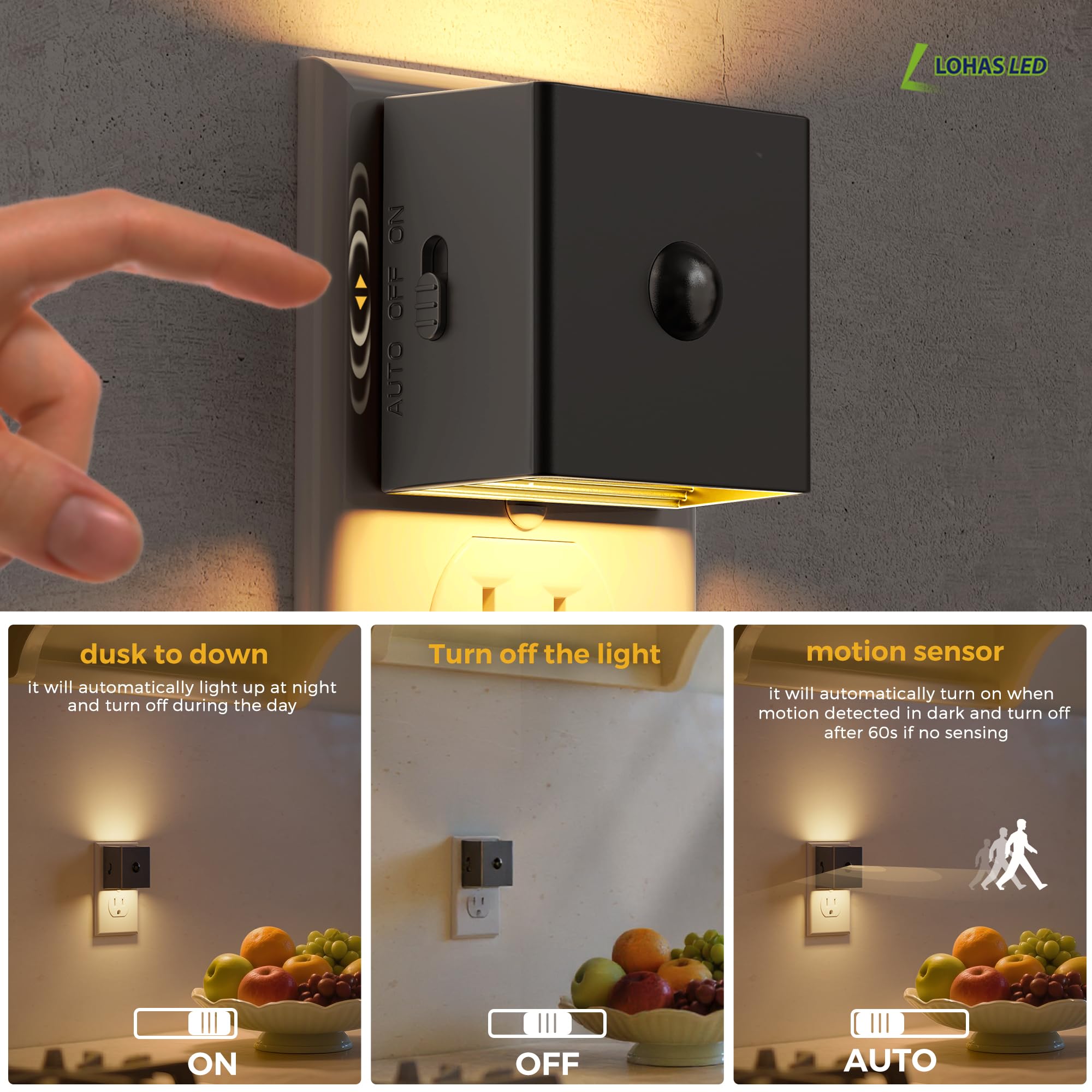 L LOHAS LED Motion Sensor Night Light,[4-Pack] Plug in Night Light with Dusk to Dawn Sensor,Brightness Adjustable,3000K Soft Whi