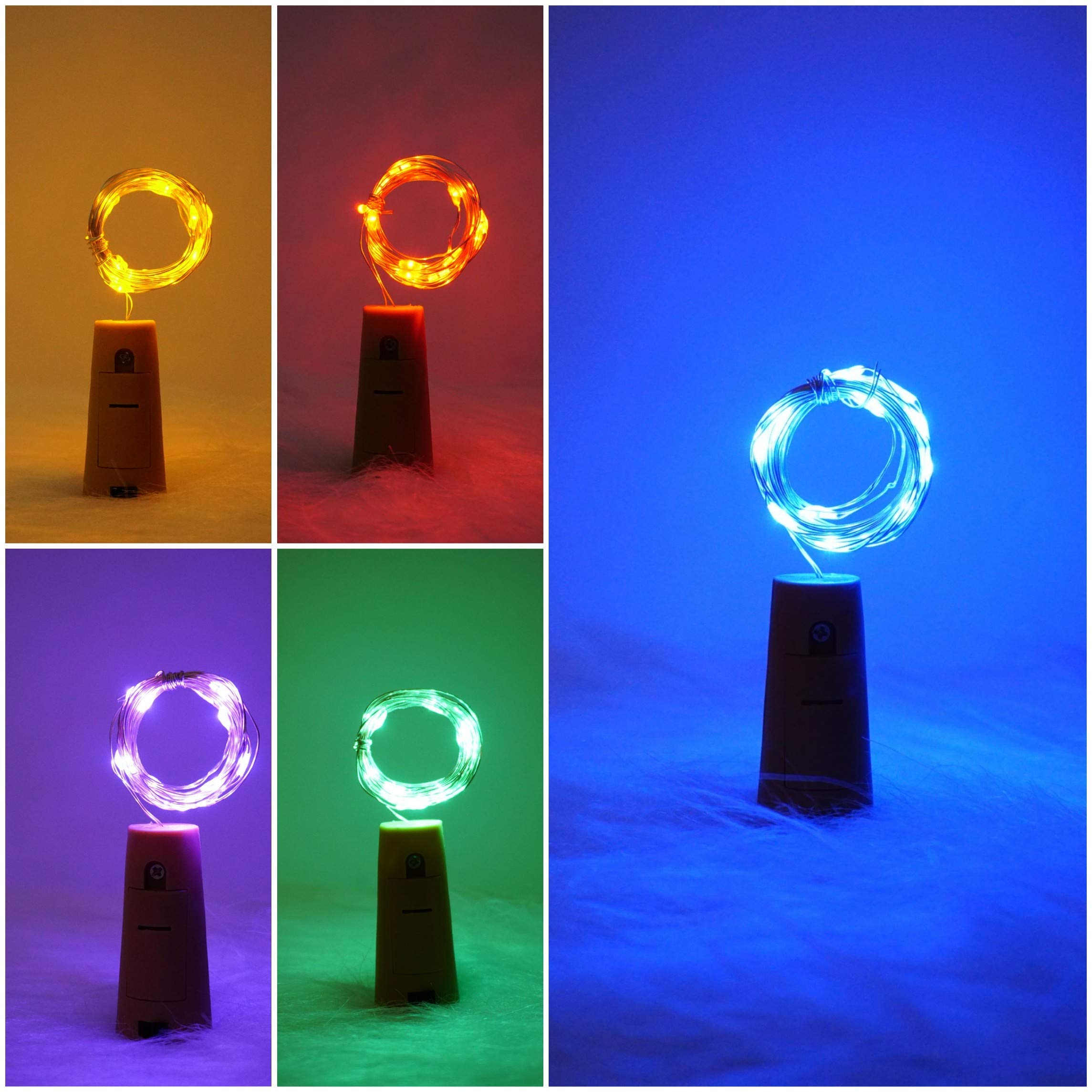 SmilingTown Wine Bottle Cork Lights 15-Pack, 10 LED, 40 Inches, Battery Operated, Copper Wire, Multi-Color (Blue, Yellow, Purple, Green, Red)