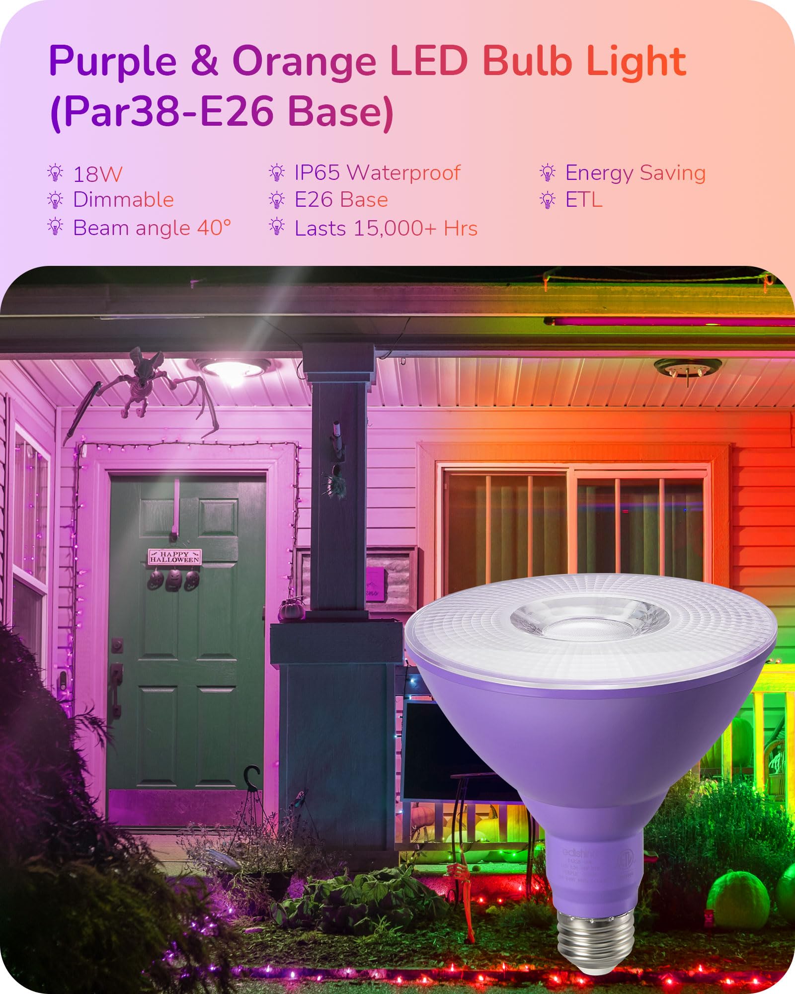 Edishine Par38 Purple & Orange Led Flood Light Bulbs Outdoor, Dimmable Purple Orange Led Light Bulb, 18W(120W Equivalent), Light