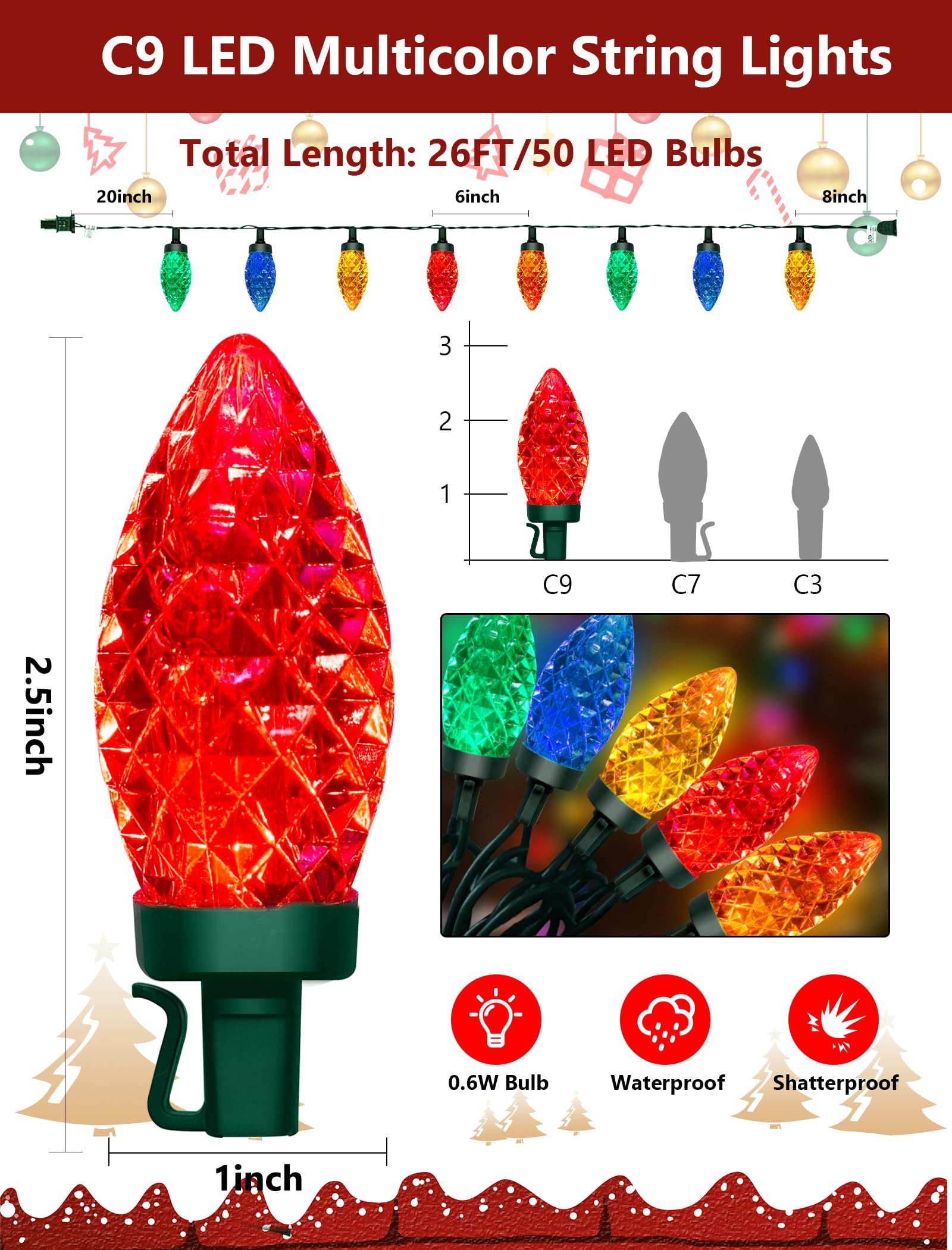 C9 Led Multicolor Christmas Lights Outdoor  26Ft Hanging Christmas Decorations Lights With 50 Diamond C9 Colorful Bulbs  Connectable Patio Light Waterproof For Tree Patio Roofline Holiday Party