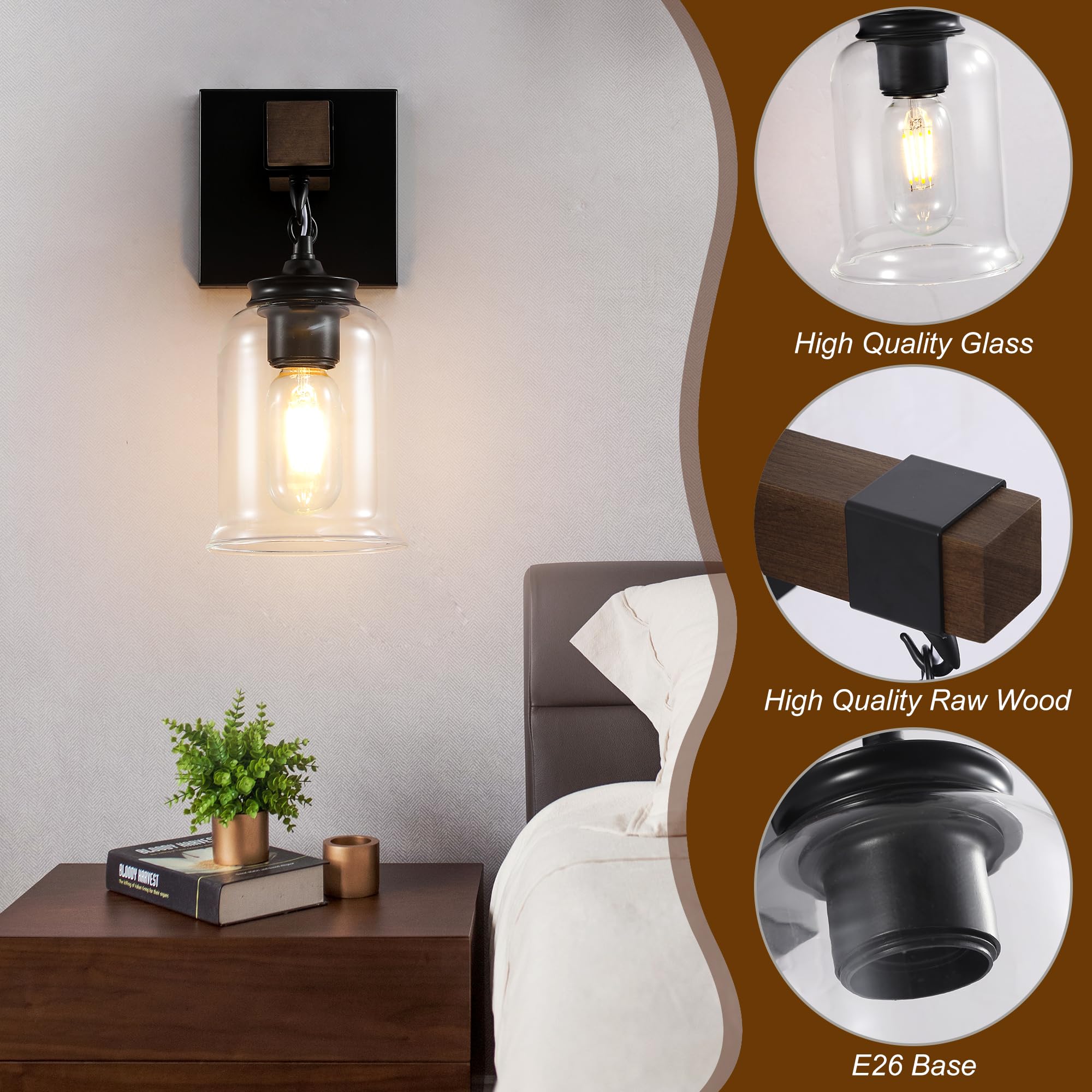 Wall Sconces Set Of Two, Farmhouse Bathroom Light Fixtures, Black Wood Rustic Vanity Lights With Clear Glass Shades, Wall Sconce