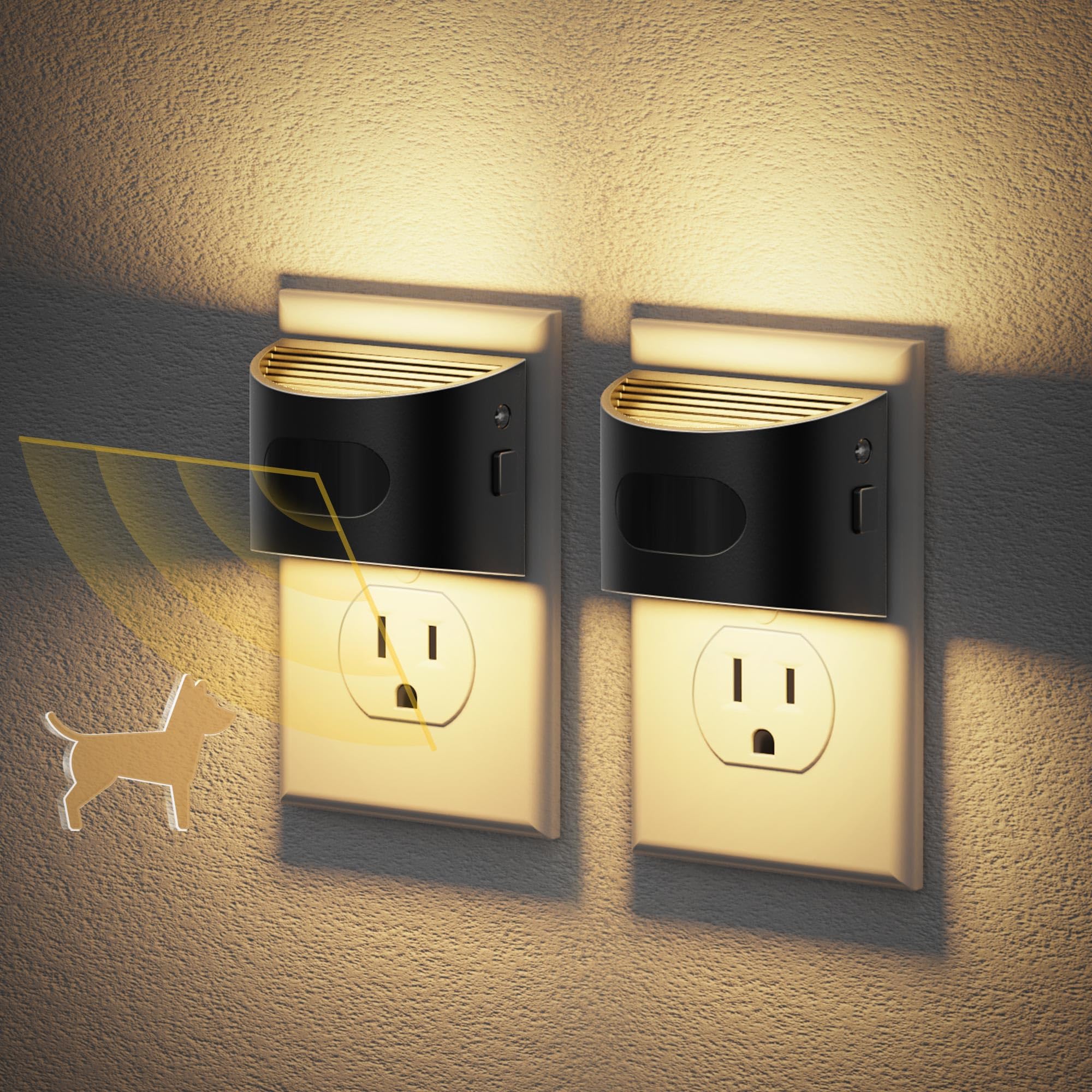 JandCase Motion Sensor Night Light, Dusk to Dawn, 30/60/100lm, Warm White, 2 Pack, Black-Arc, Model C-GY17702US-2