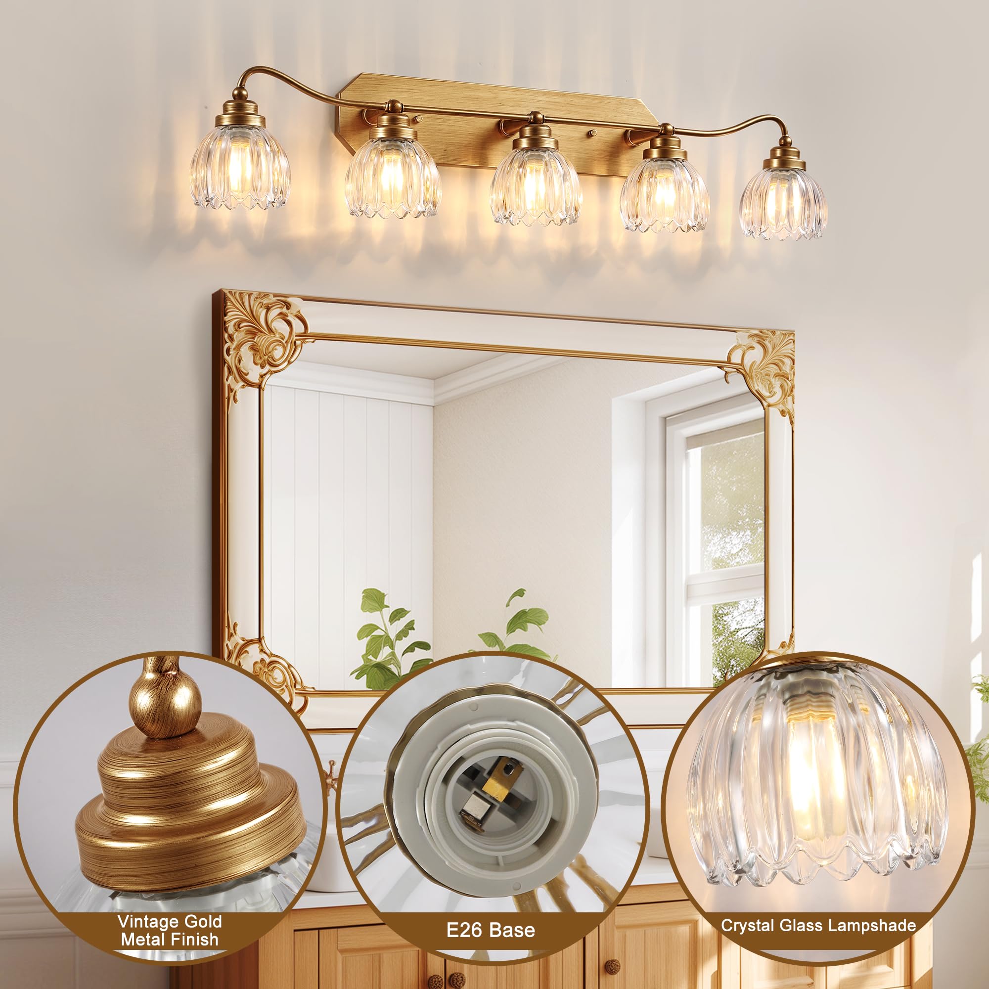 CmnVmn Vintage Bathroom Light Fixtures, 5-Light Gold Vanity Light with Crystal Glass Shade, Matte Antique Brass Finish, Model C5016