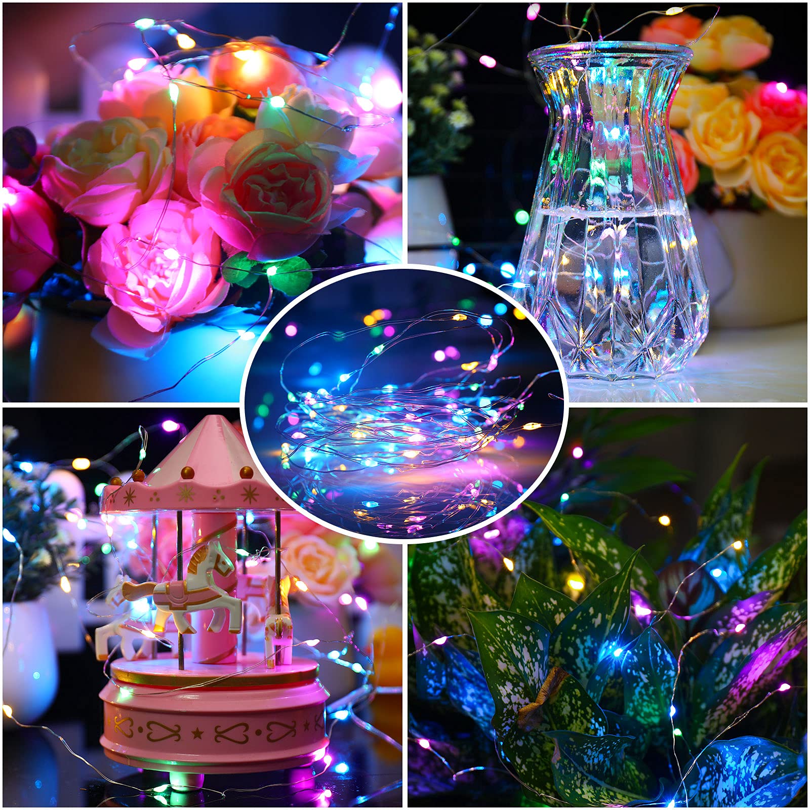 Mandiq Fairy Lights 4 Pack, 10ft String Lights with 30 LEDs, Battery Operated, Multicolor, Silver Wire, Flashing and Constant Light Mode