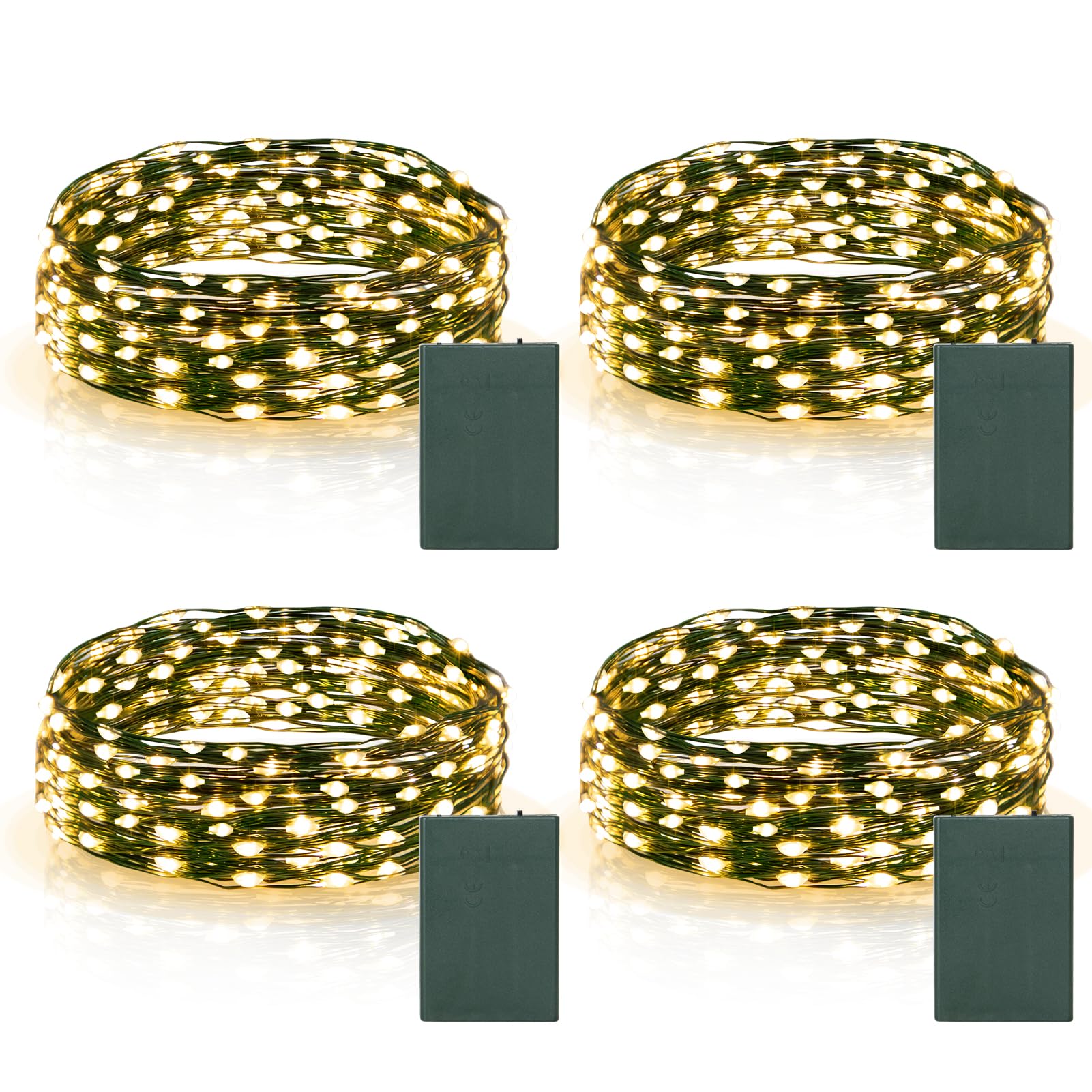 4 Pack Timer Christmas Fairy Lights Battery Operated, 16.4FT 50 LED Dark Green Wire Twinkle Lights Waterproof, Outdoor String Li