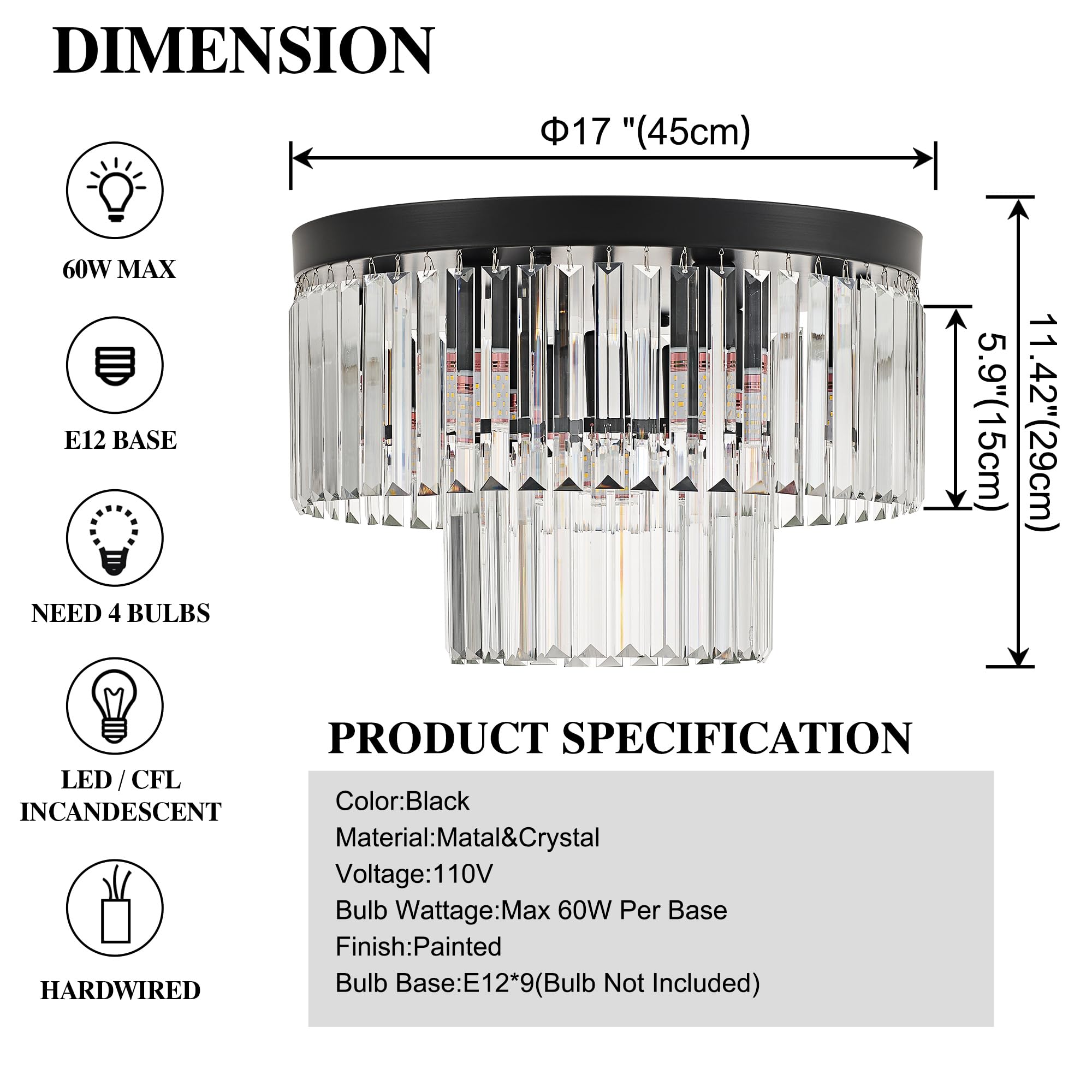 Faibra 17'' Black Crystal Ceiling Light 9-Light Modern Crystal Light Fixture 2-Tier Luxury K9 Crystal Ceiling Light,For Dining R