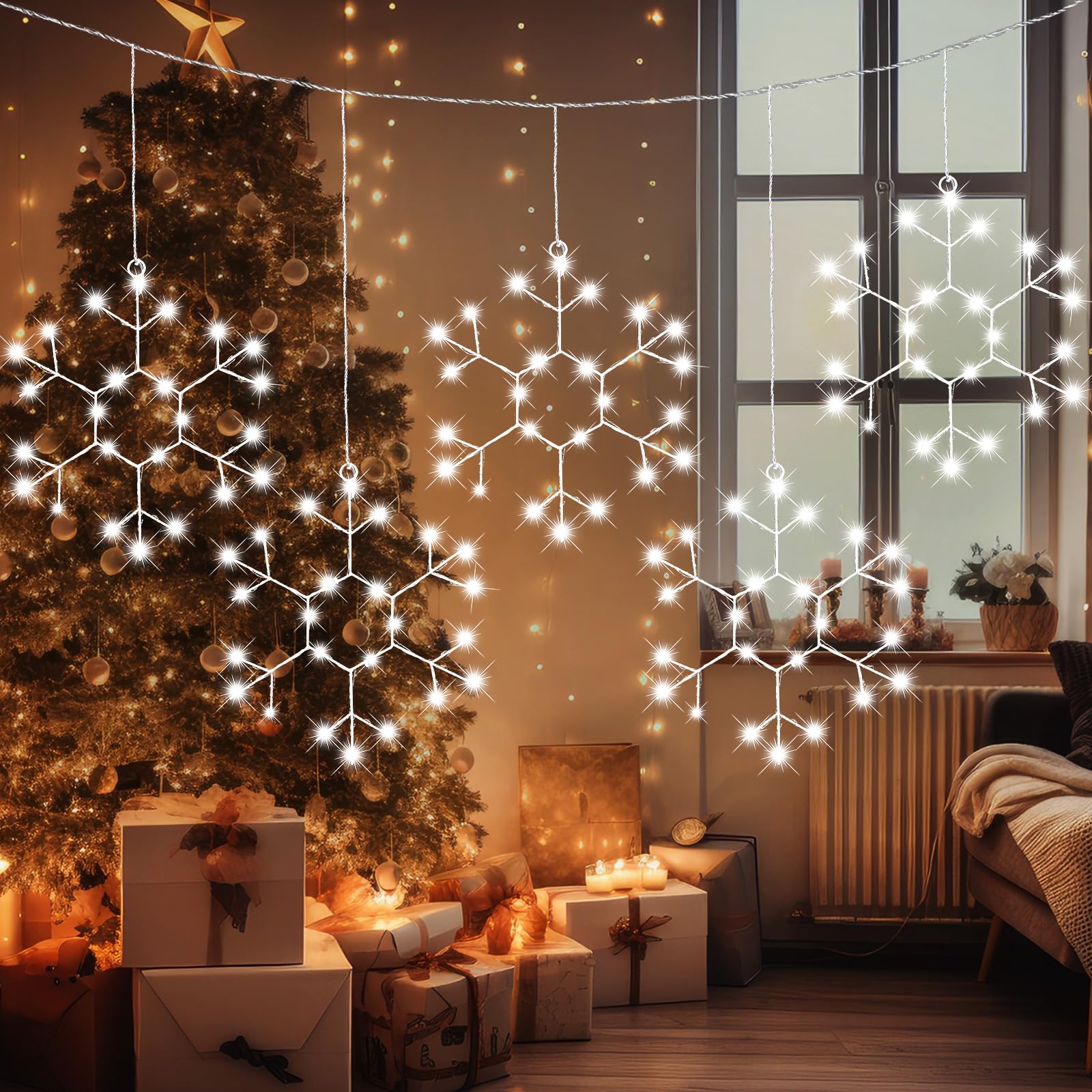 Baquler Snowflake String Lights - 5 Pcs LED 12-Inch White Hanging Decorations, 8 Modes, Indoor/Outdoor Christmas Decor