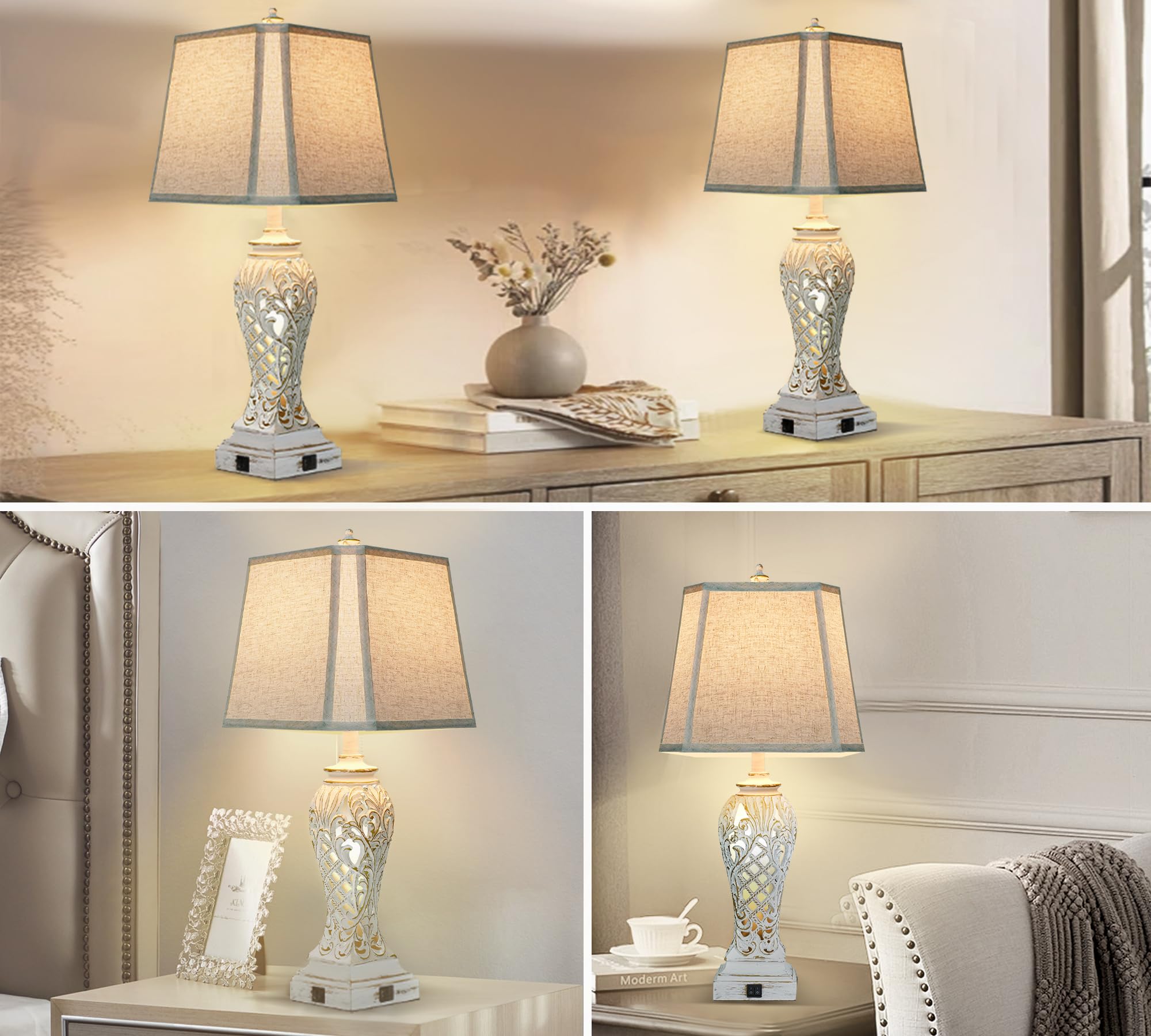 Weiters 29'' Tall Farmhouse Table Lamps Set Of 2, Boho Table Lamp For Living Room With Usb C+A, Bedside Lamp With Nightlight For