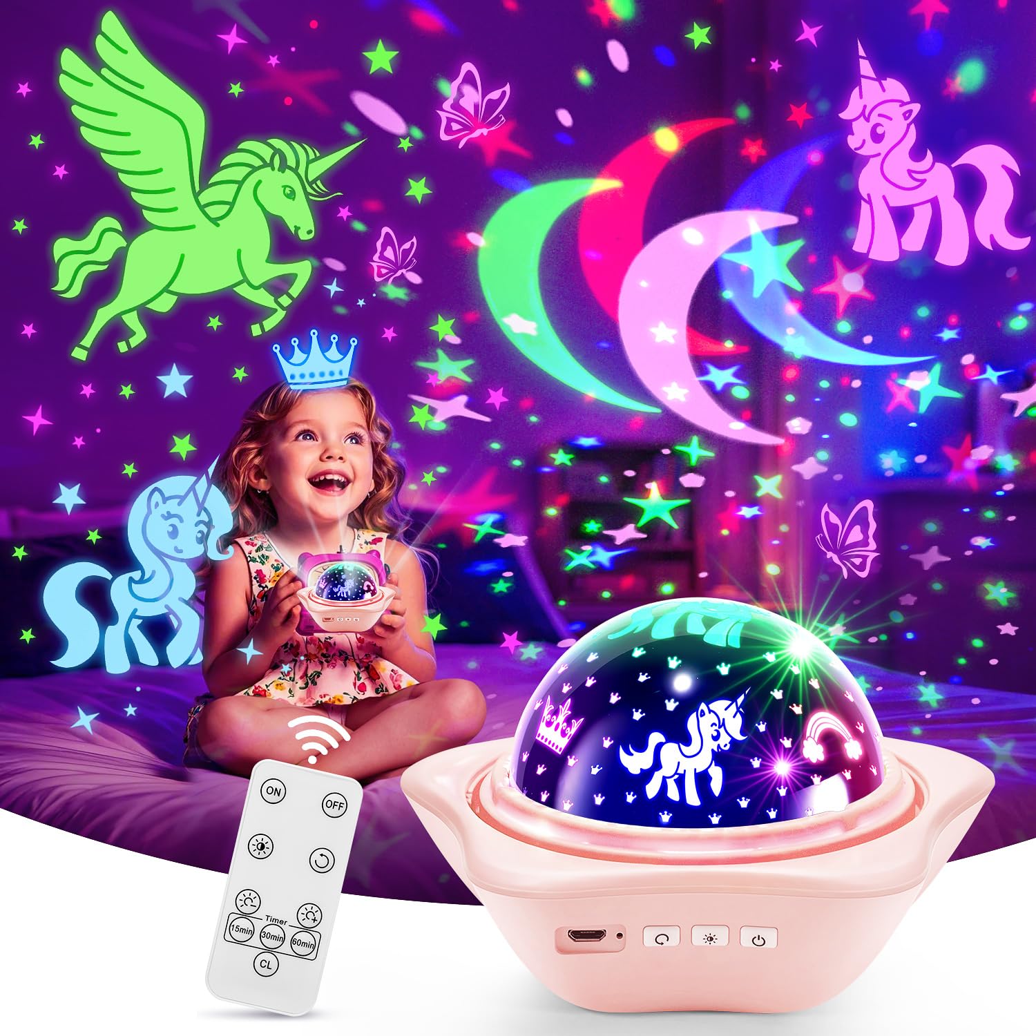Baby Night Light Kids, 15 Lightings+6 Flims+Rotation Star Projector Night Light Kids, Dimmable+Timer Girls Bedroom Accessories S