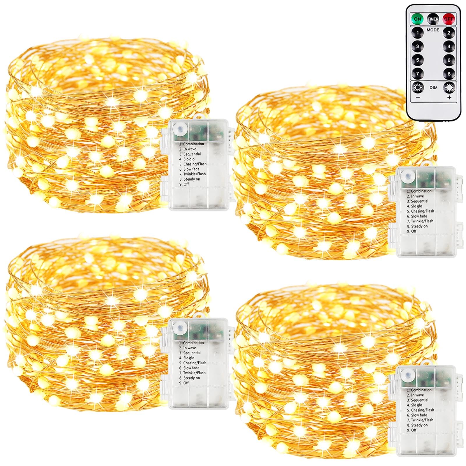 BHCLIGHT 4Pack Battery Operated Fairy Lights, 240LED Waterproof String Lights, Warm White, with Remote and Timer for Indoor & Outdoor Decor