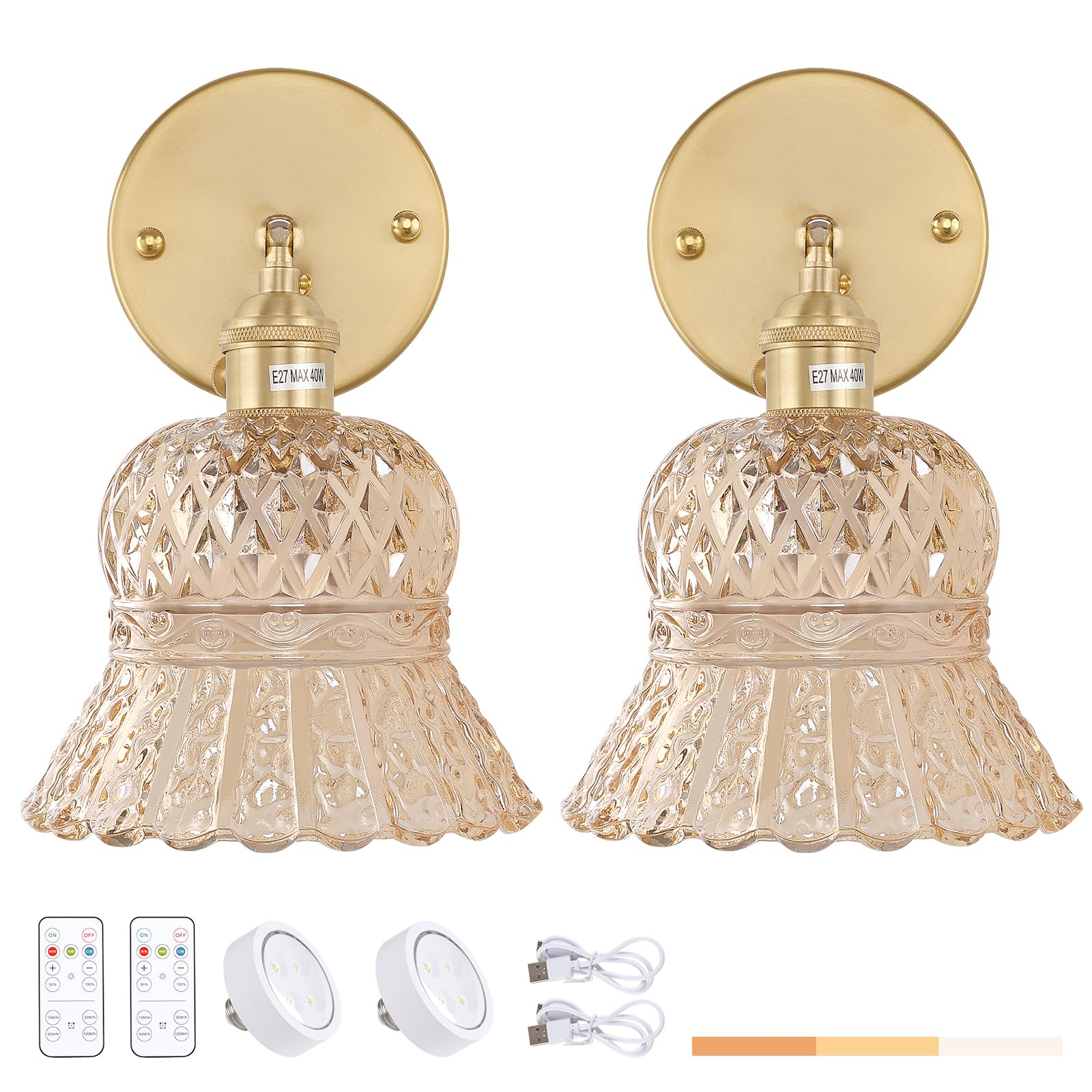 Shenmoyl Vintage Battery Operated Wall Sconces Set Of Two, Rechargeable Battery Powered Wall Sconce With Remote Control, Wireles