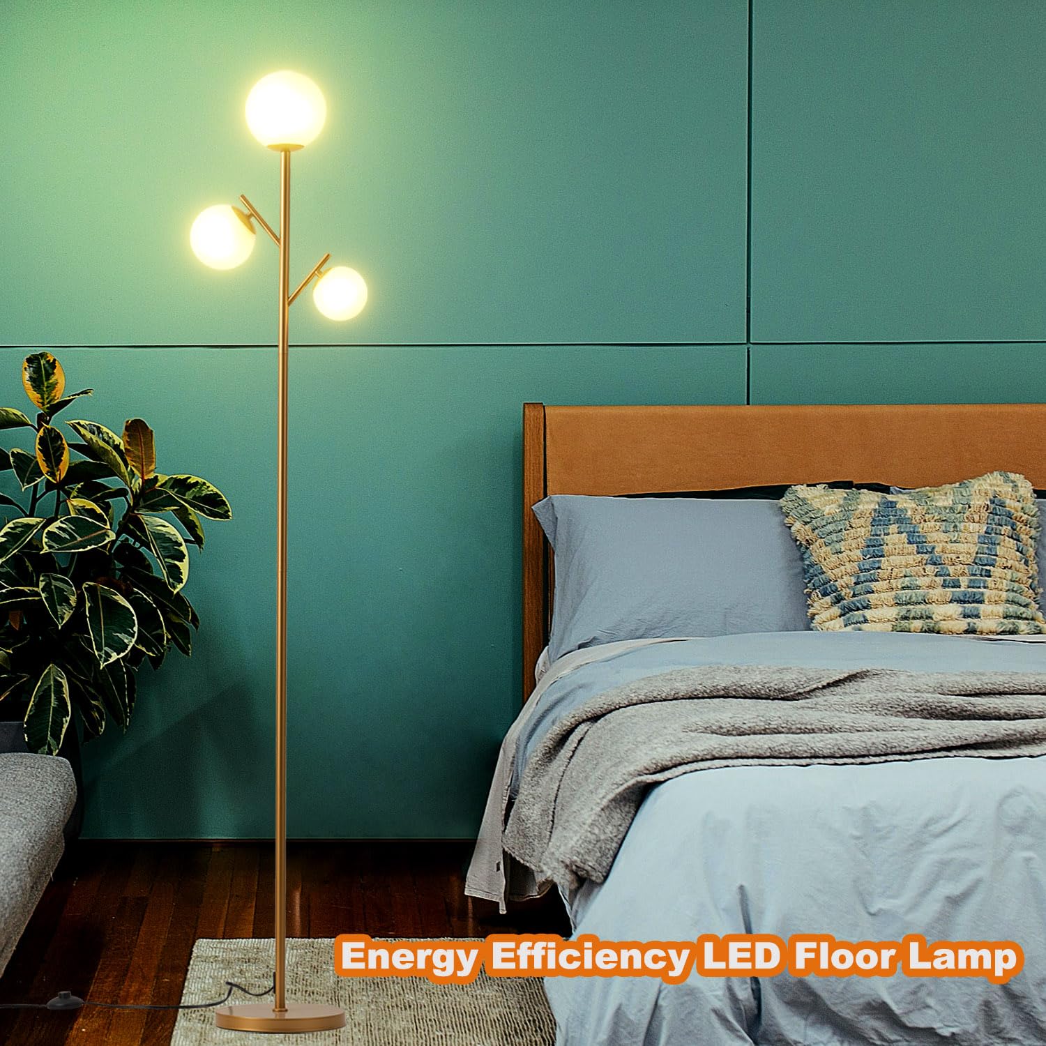 Fiqevs Mid Century 3 Globe Floor Lamp - Vintage Gold With Led Bulbs & Frosted Glass Shades