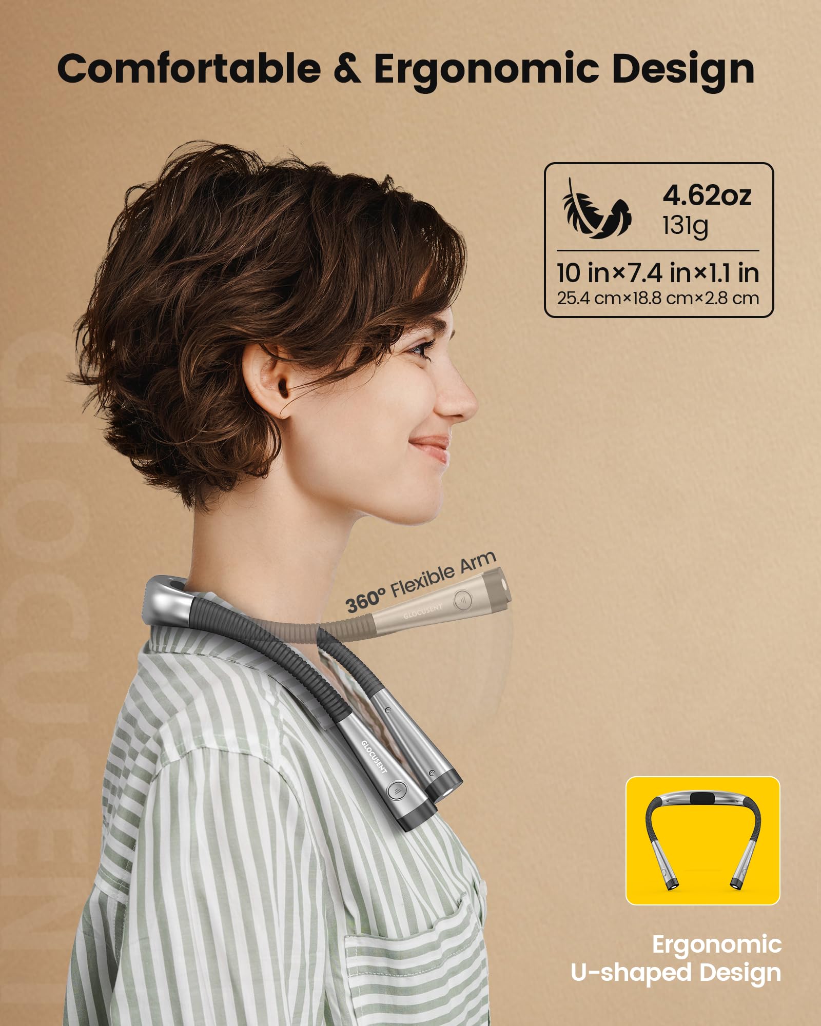 Glocusent Book Light, 3-Color 6-Brightness, Bendable Neck, Rechargeable, Black, Model GLCSNTBL001-EVA