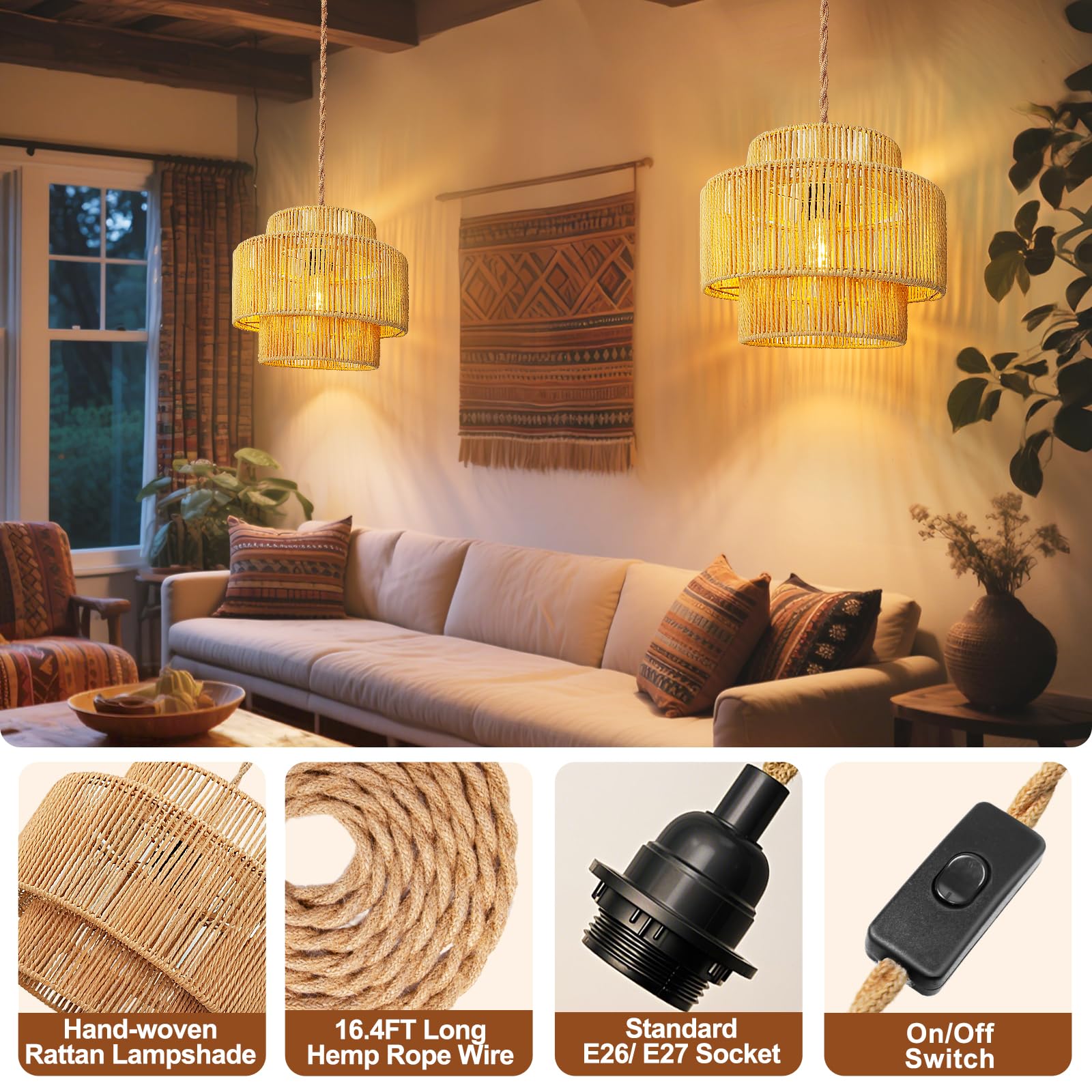 Maliralt Rattan Pendant Light - 12" Lantern Shade, Jute Rope, 16.4ft Plug-In Cord with On/Off Switch for Bedroom & Living Room