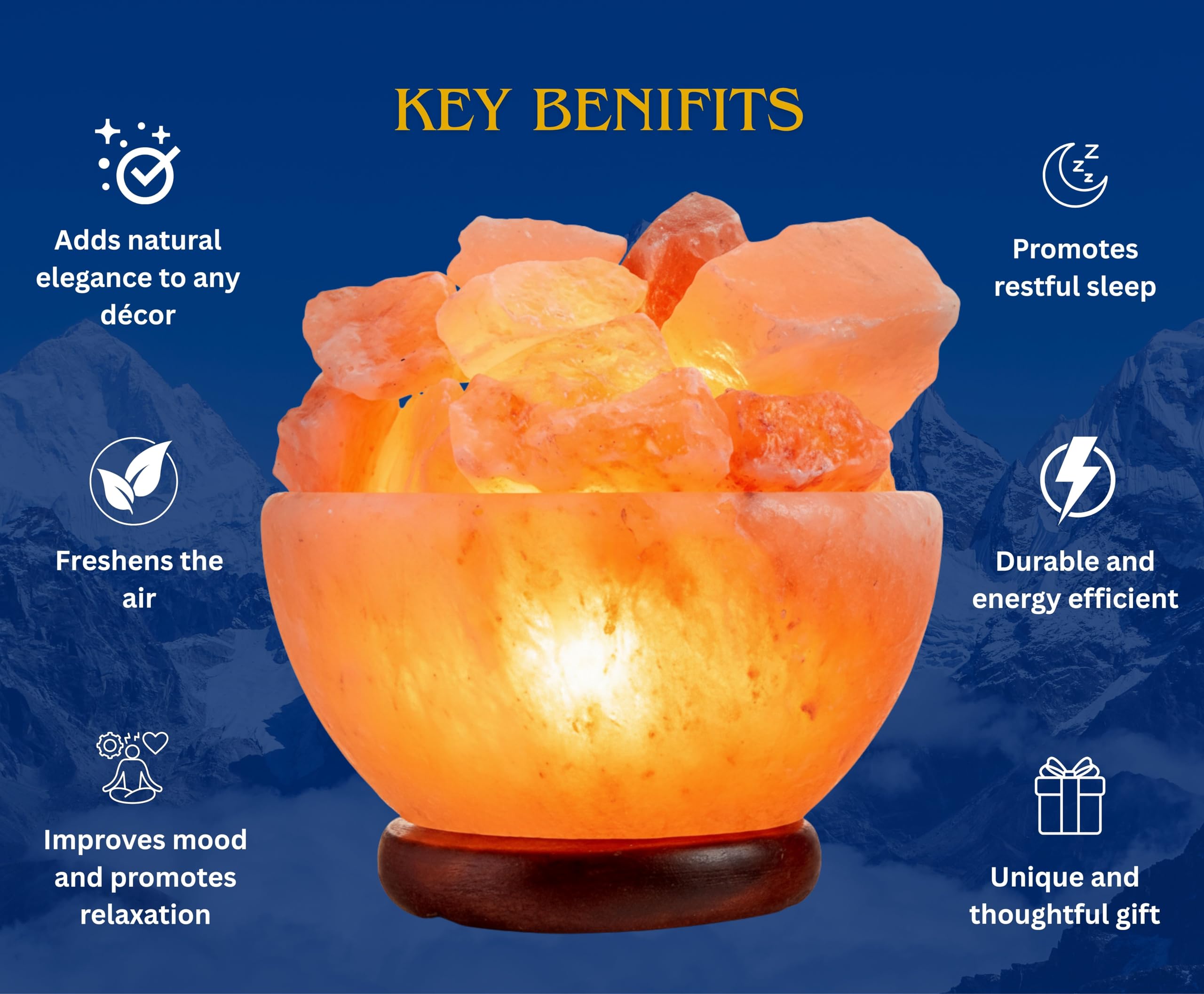 Spantik Himalayan Salt Lamp Bowl - Natural Crystal Chunks, Dimmer Cord, Classic Wood Base - Light Orange to Pink