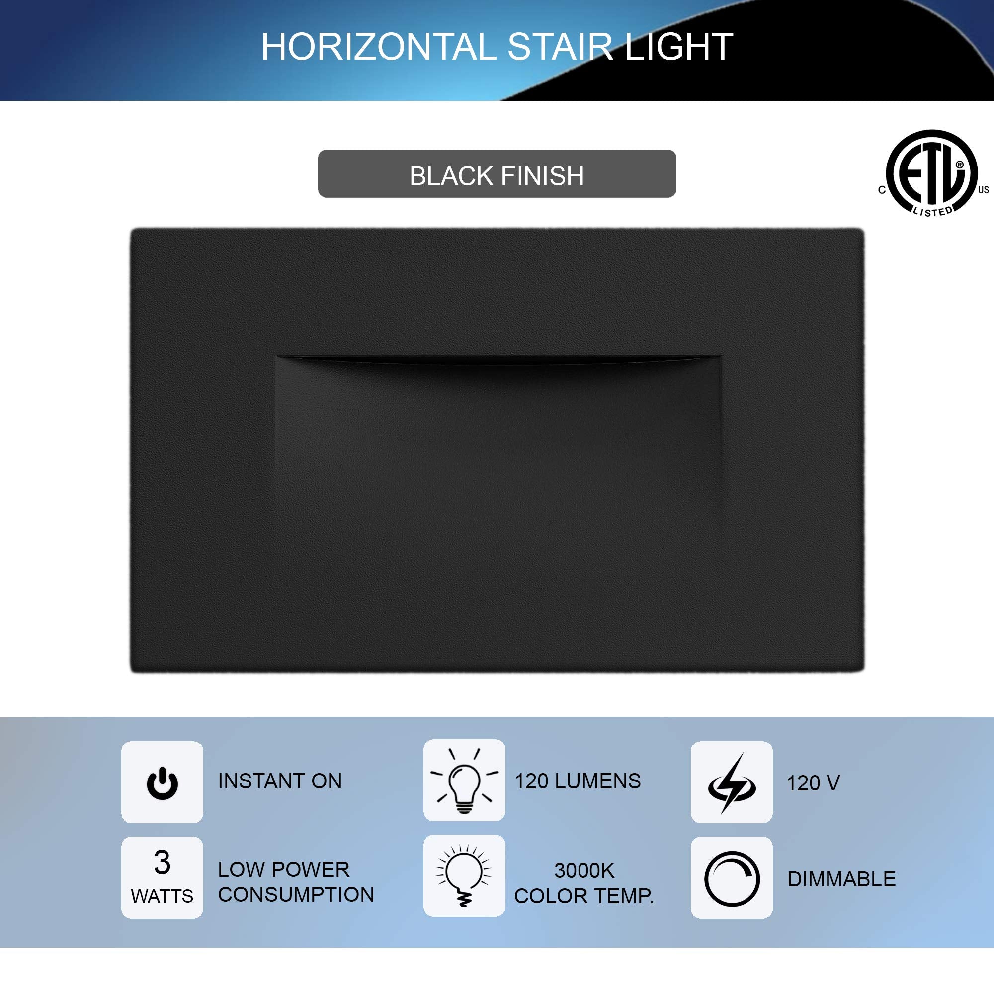 Ciata LED Stair Lights - Warm White 3000K, 3 Watt, Horizontal Black Finish, Indoor/Outdoor Use