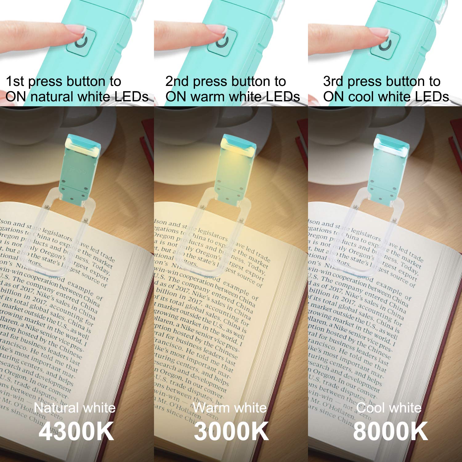 HONWELL Rechargeable Clip On LED Reading Light, 3 Brightness Levels, Portable Bookmark Lamp, Blue, Model H008YW-B