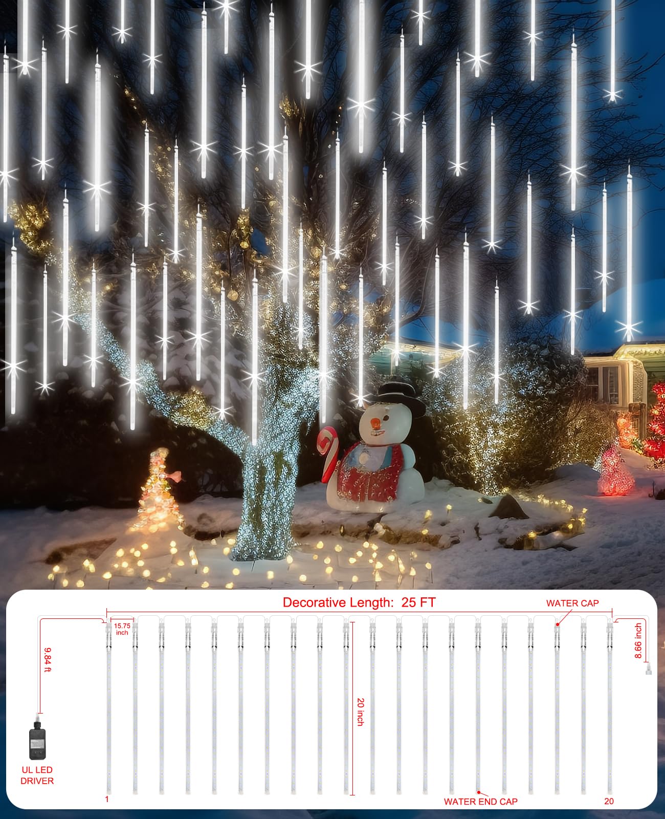 EAGWELL Christmas Lights - 20 Inch 20 Tube 1080 LEDs White Meteor Lamp for Outdoor Decoration