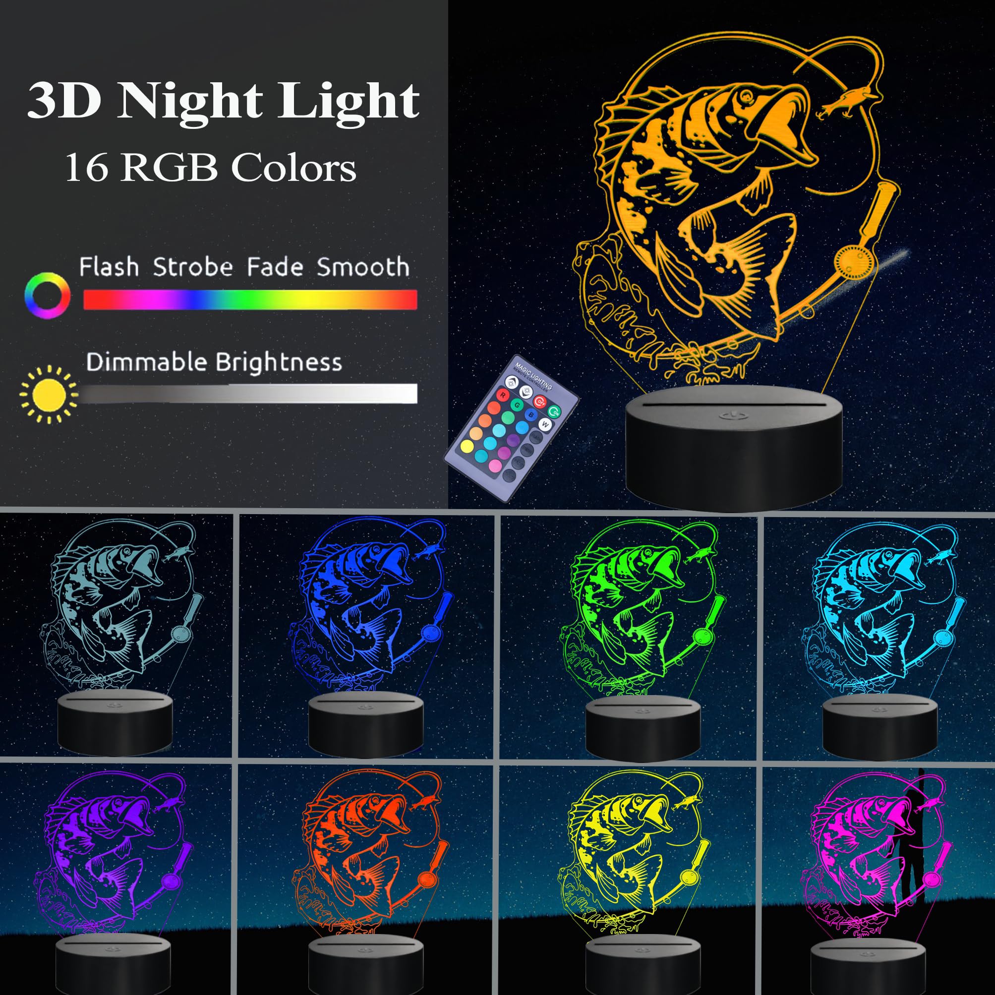Posshe Fish Night Light, Fish 3D Illusion Lamp, Go Fishing Man Gifts With 16 Colors Changing, Remote Control, Dimmable, Kids Roo