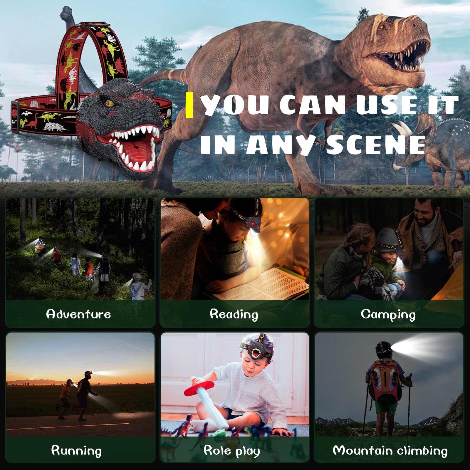 Dysaim Kids Headlamp,Dinosaur Headlamp For Kids Led Head Lamp Camping Gear Flashlight,Hiking Accessories Headlight,Ideal Gift Toys Suitable For Reading Birthday Halloween Xmas Party