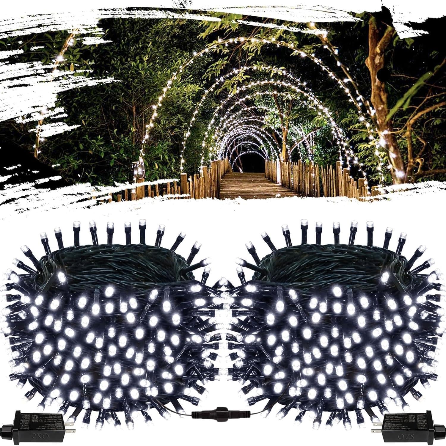 Ozs 2Pack 164Ft 400 Led Cool White Christmas String Lights, Waterproof, 8 Modes, Green Wire