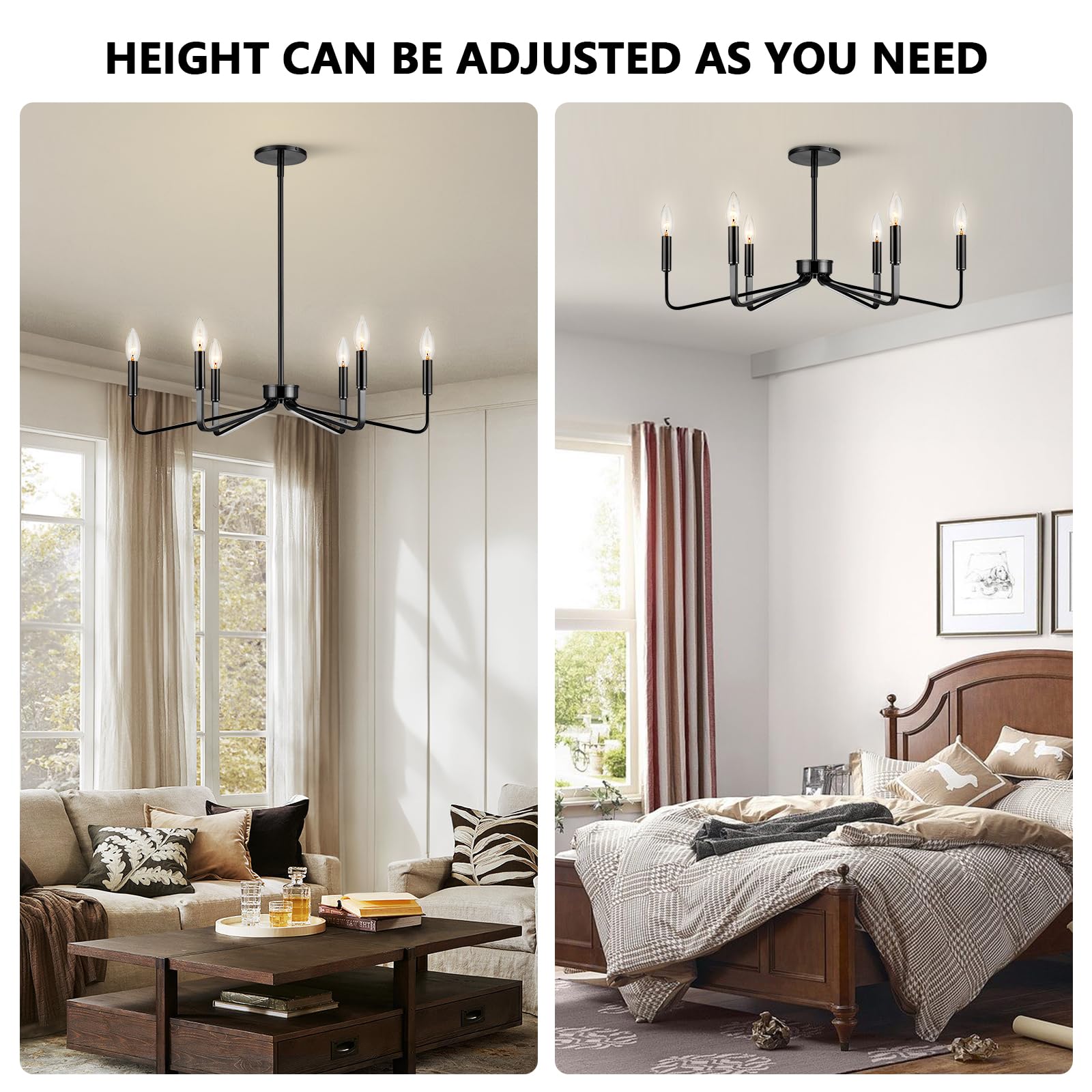 Acaner Black Chandelier For Dining Room, 6-Light Farmhouse Kitchen Light Fixtures Over Table, 26'' Rustic Candle Chandelier For