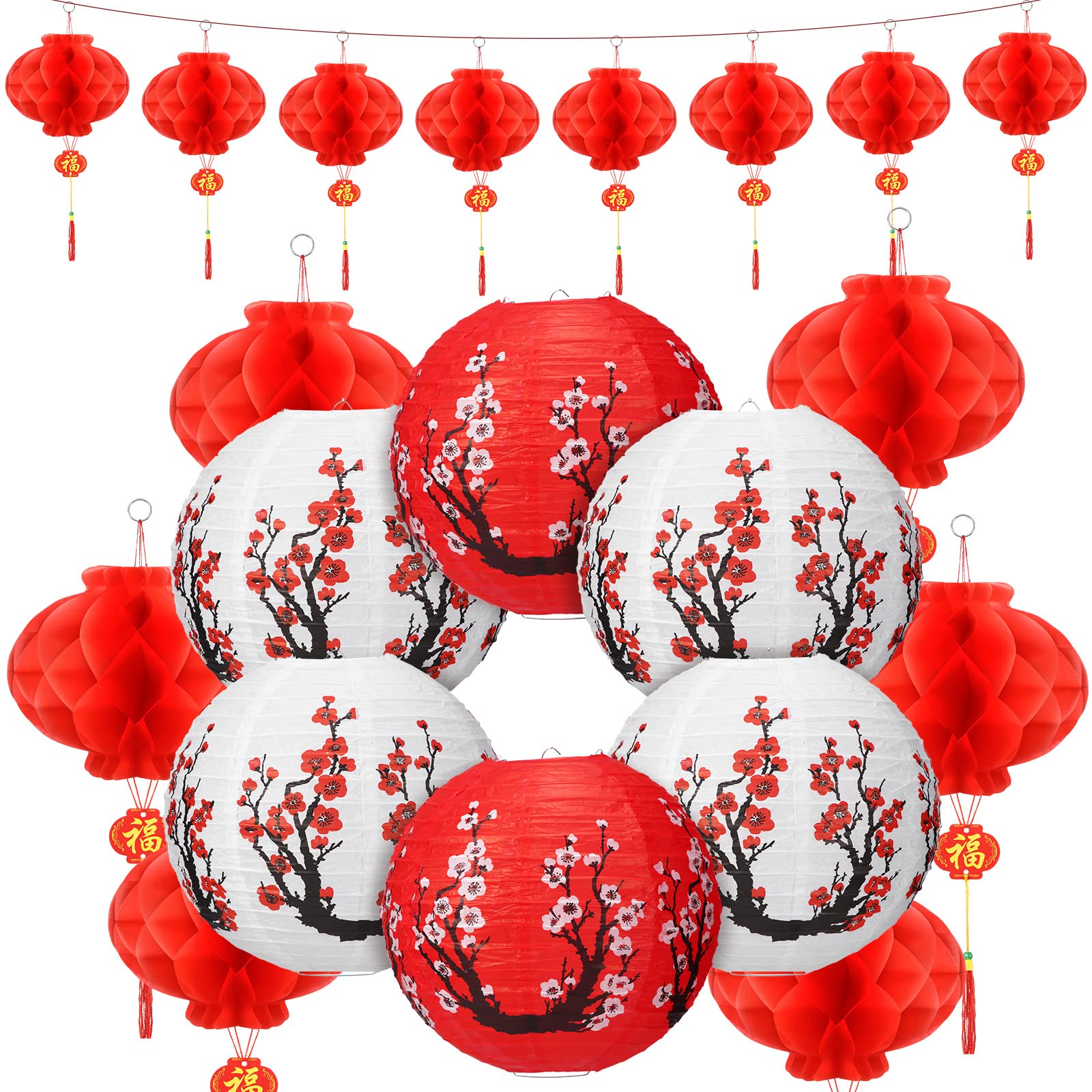 Fumete 20 Pcs 12" Chinese Japanese Paper Lanterns And 8" Red Lanterns Hibachi Party Decorations Cherry Blossom Decorative Hanging Lanterns For Chinese New Year Home Restaurant(Red, White)