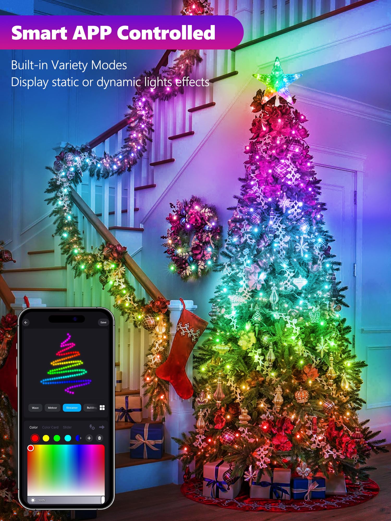 Brizled Smart Fairy Lights - 33ft 100 LED RGB Color Changing String Lights, Dimmable USB Power for Christmas, Parties, and Decor