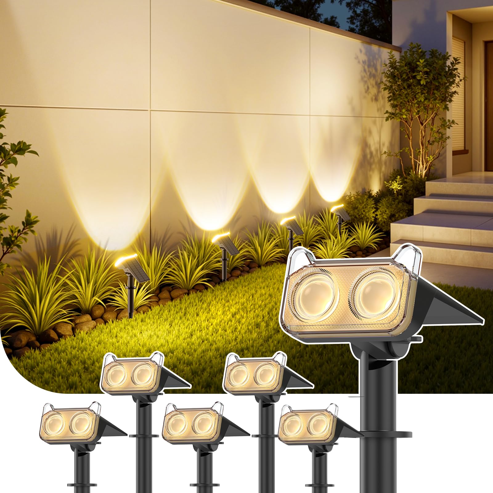 WdtPro Solar Spot Lights Outdoor, Warm White, 6 Pack, 135° Adjustable, Auto ON/OFF, TSL003, 15H+ Runtime, Garden Landscape Lighting
