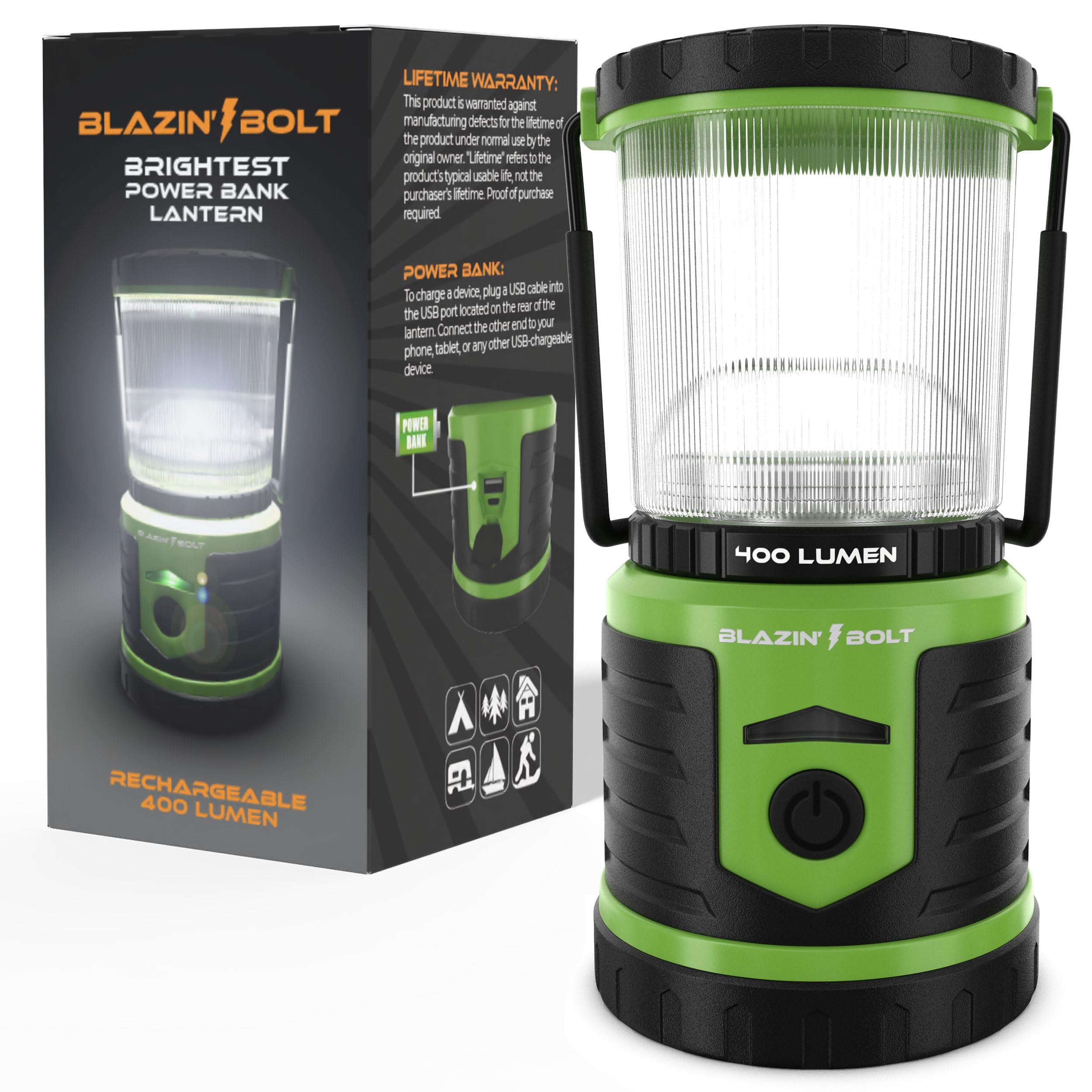 Blazin Bolt Rugged USB Rechargeable Lantern | 400 Lumen | 6000mAh Power Bank | 6 Modes | Green | Model 7B-LJ3J-4HTO