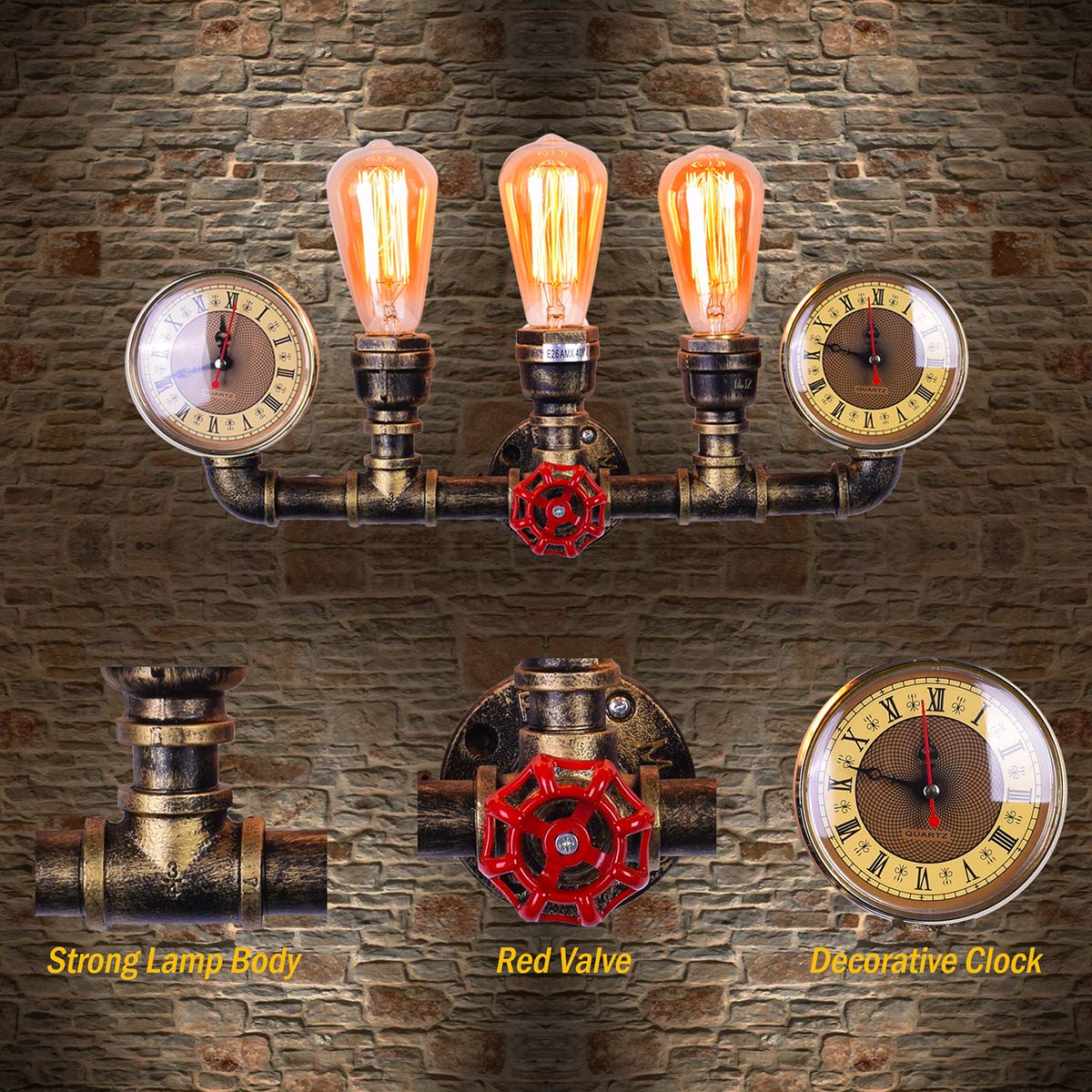 LMSOD 3-Light Water Tube Wall Sconce, Retro Industrial Steampunk Fixture, Antique Bronze, Metal