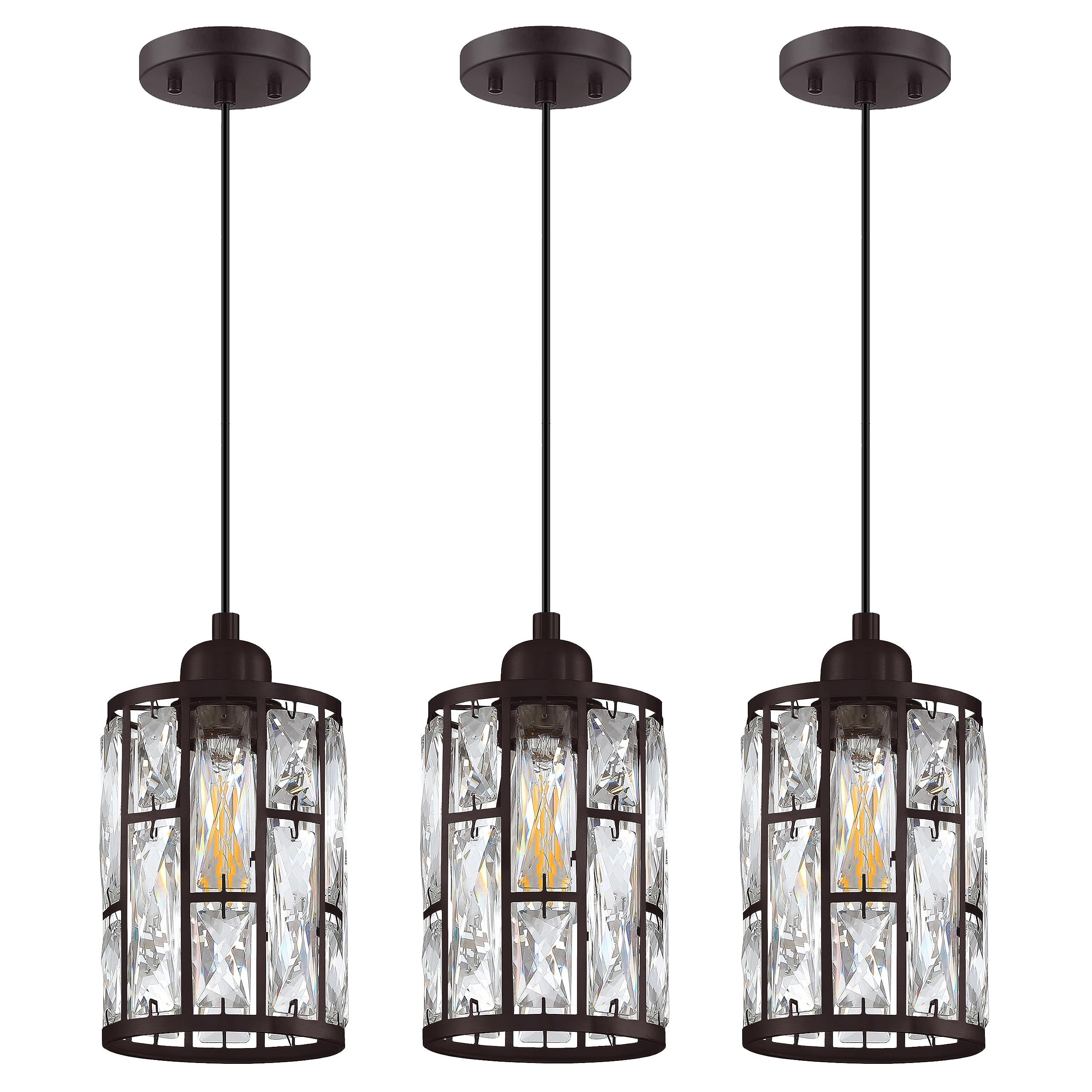 Dolaimi House 3 Pack 1 Light 5.4 Crystal Shade Hanging Kitchen Island Pendant Light Black Finish,Modern Pendant Fixture with Cry