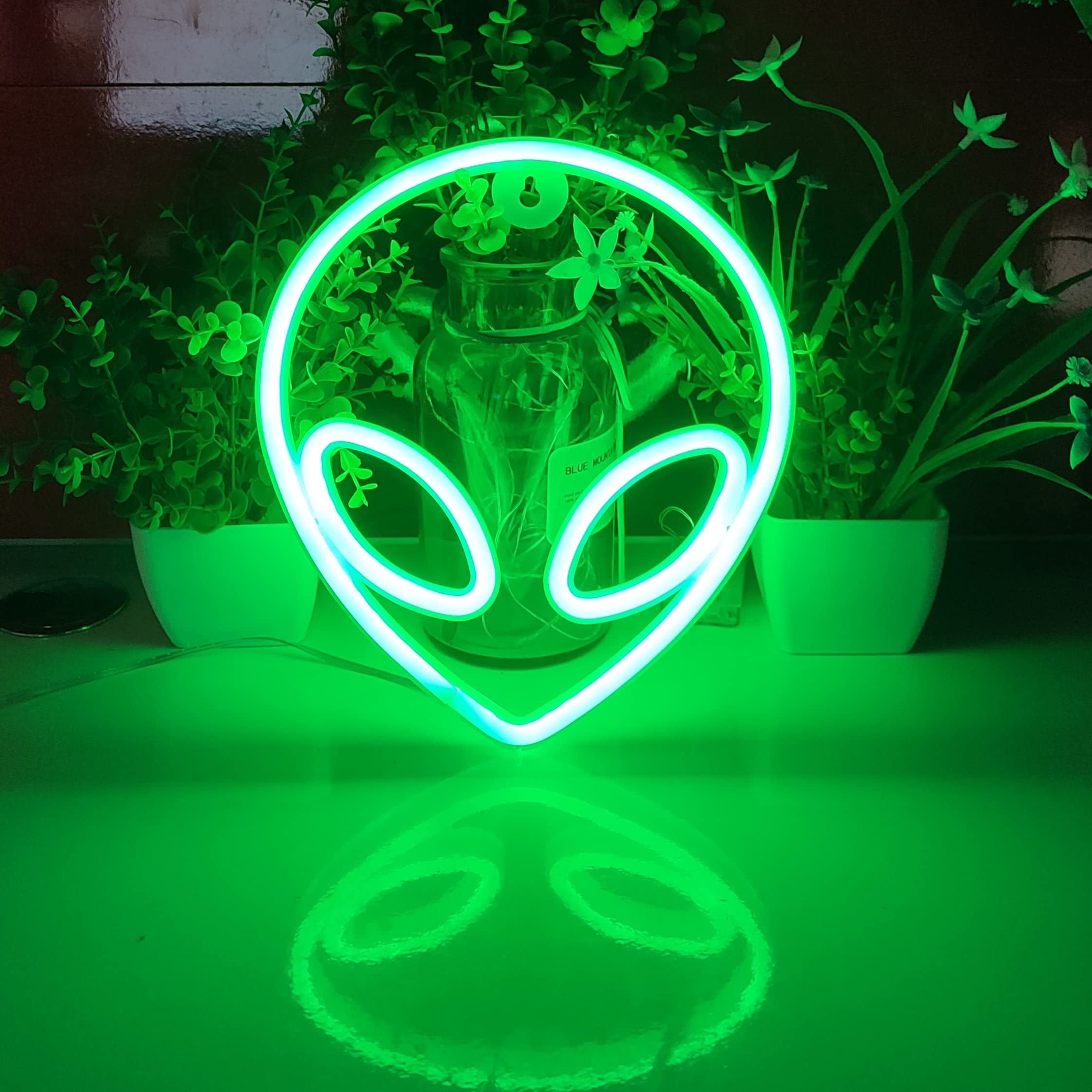 JYWJ Alien Neon Light USB or Battery Powered LED Sign, Green, Model JY-NEON-001, Desktop Wall Decoration for Parties and Businesses