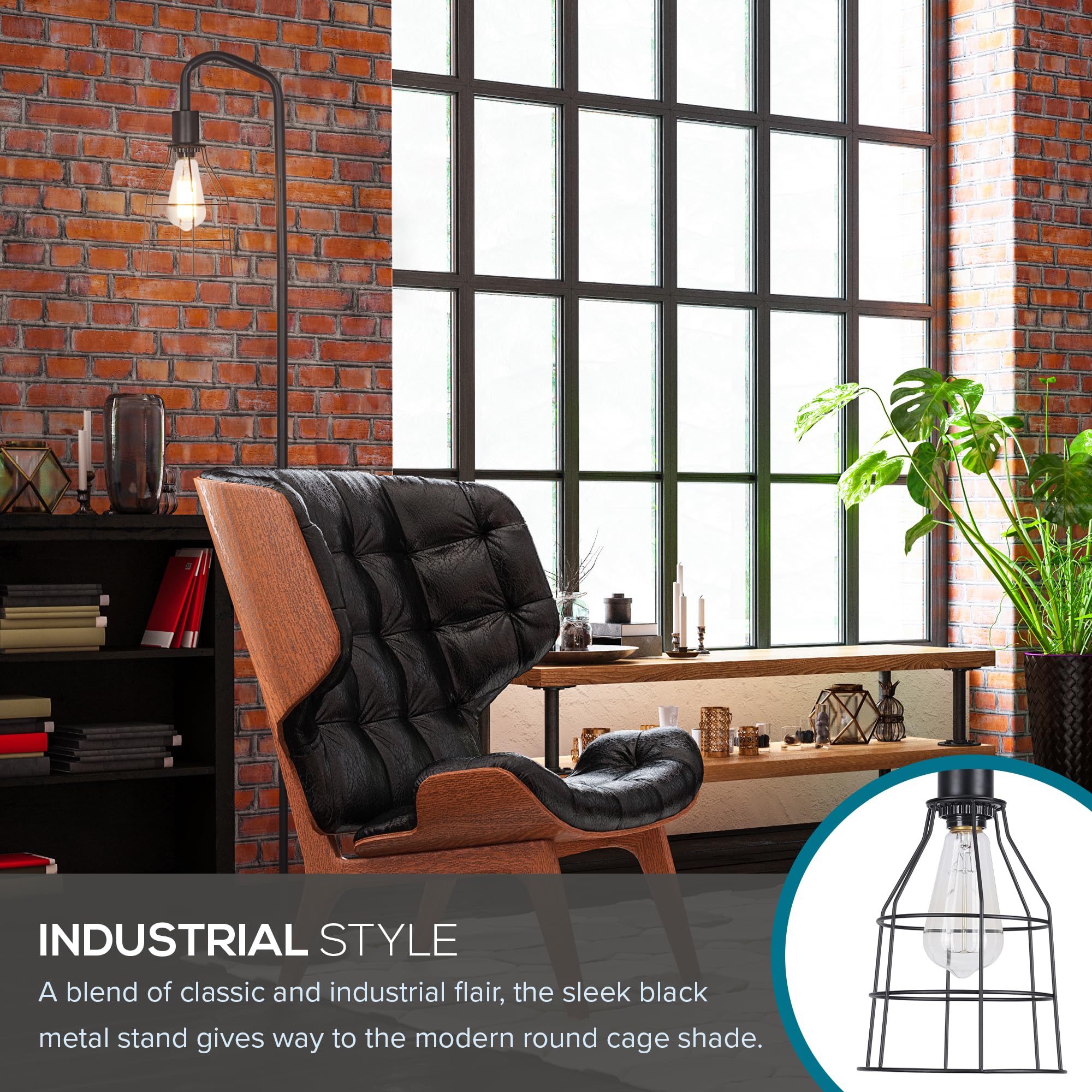Catalina Lighting Modern Floor Lamp with Caged Shade, 60in, Black, Model 24289-000, Smart Home Compatible