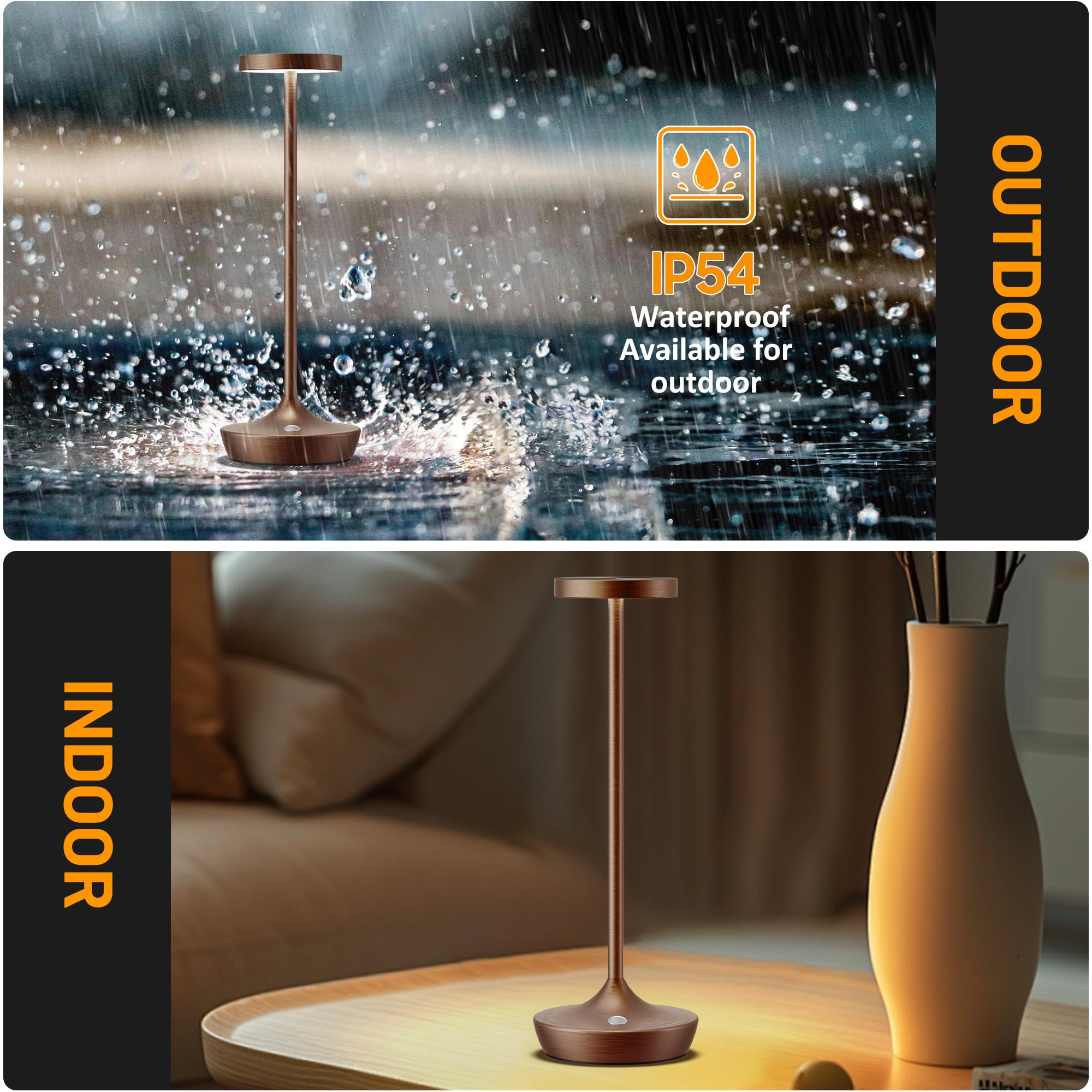 YHT Cordless LED Desk Lamp, 6000mAh Battery, Waterproof, Dimmable, Portable, Brown 2P, Model X86
