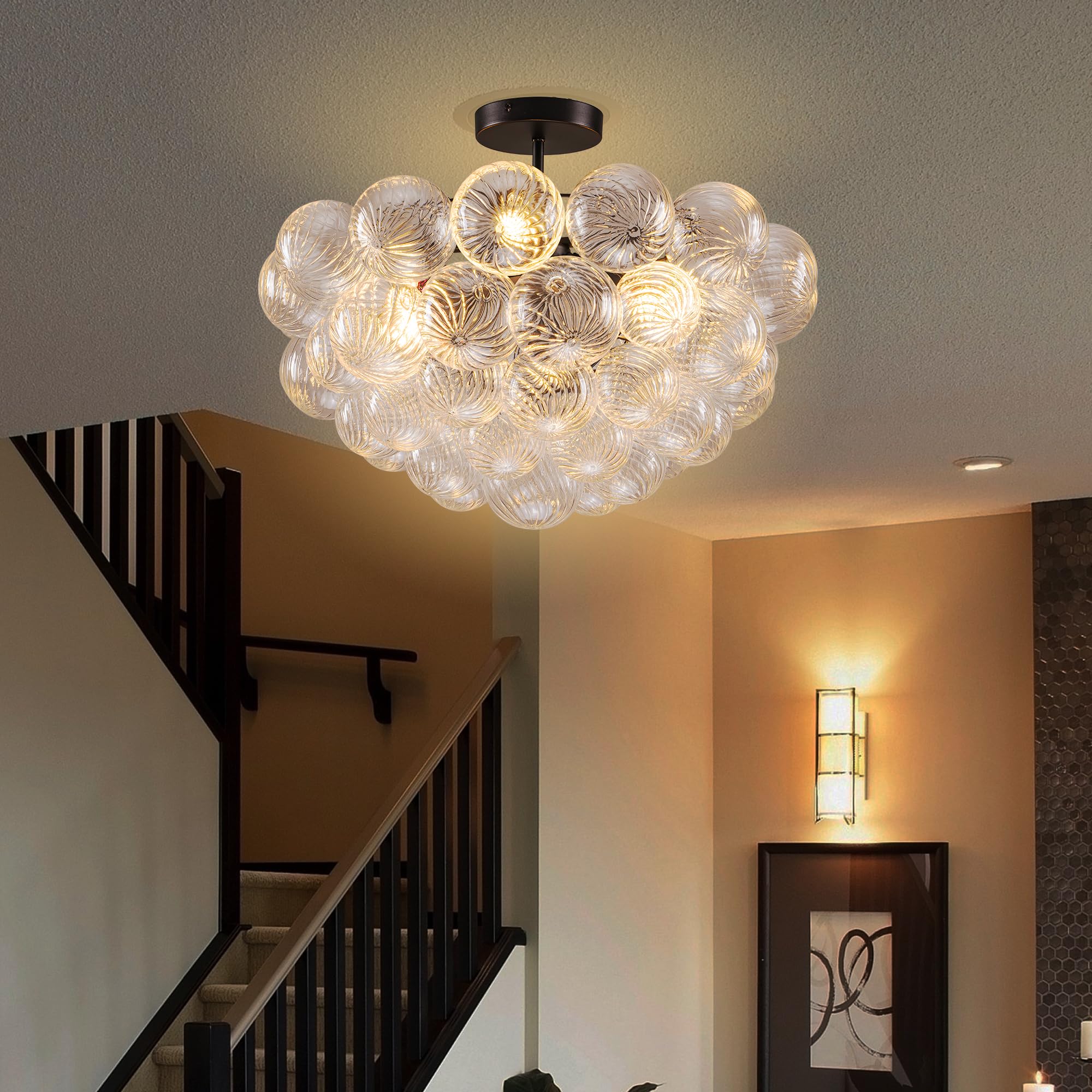 Beypan Clear Glass Bubble Chandelier With Industrial Black Frame Ribbed Blown Glass Globe Chandeliers Semi-Flush Mount Ceiling L