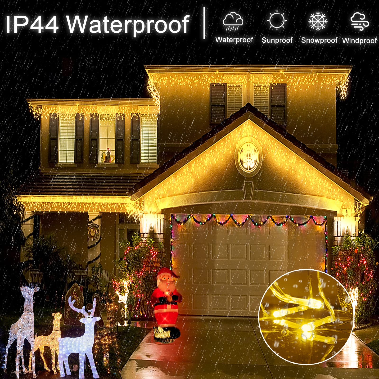 Icicle Christmas Lights Outdoor, 33Ft 400 Led Christmas Lights 8 Modes Waterproof With 75 Drops, Plug In Twinkle Fairy String Lights For House Indoor Party Holiday Wedding Decoration, Warm White