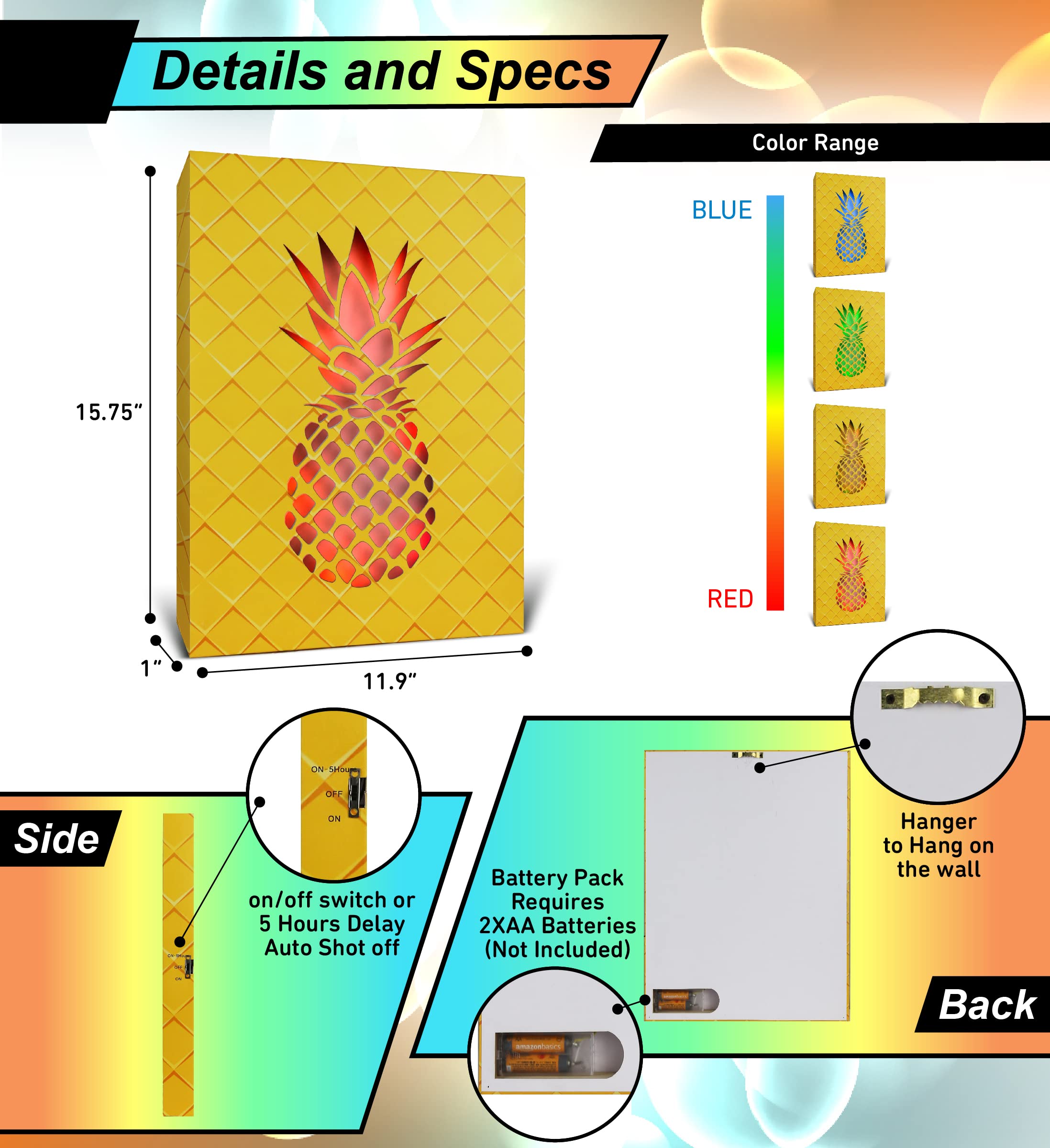 Cota Global Pineapple Led Wall Art - Color Changing Nightlight For Bedroom & Living Room, 16X12 Inch