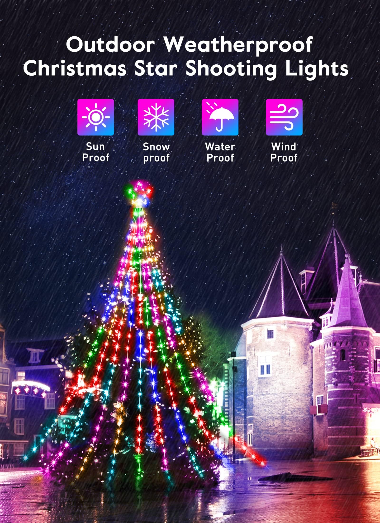 Outdoor Christmas Star String Lights, 16.4Feet 317Led Smart Rgb Waterfall Tree String Light With App Remote Control, Diy Timer M