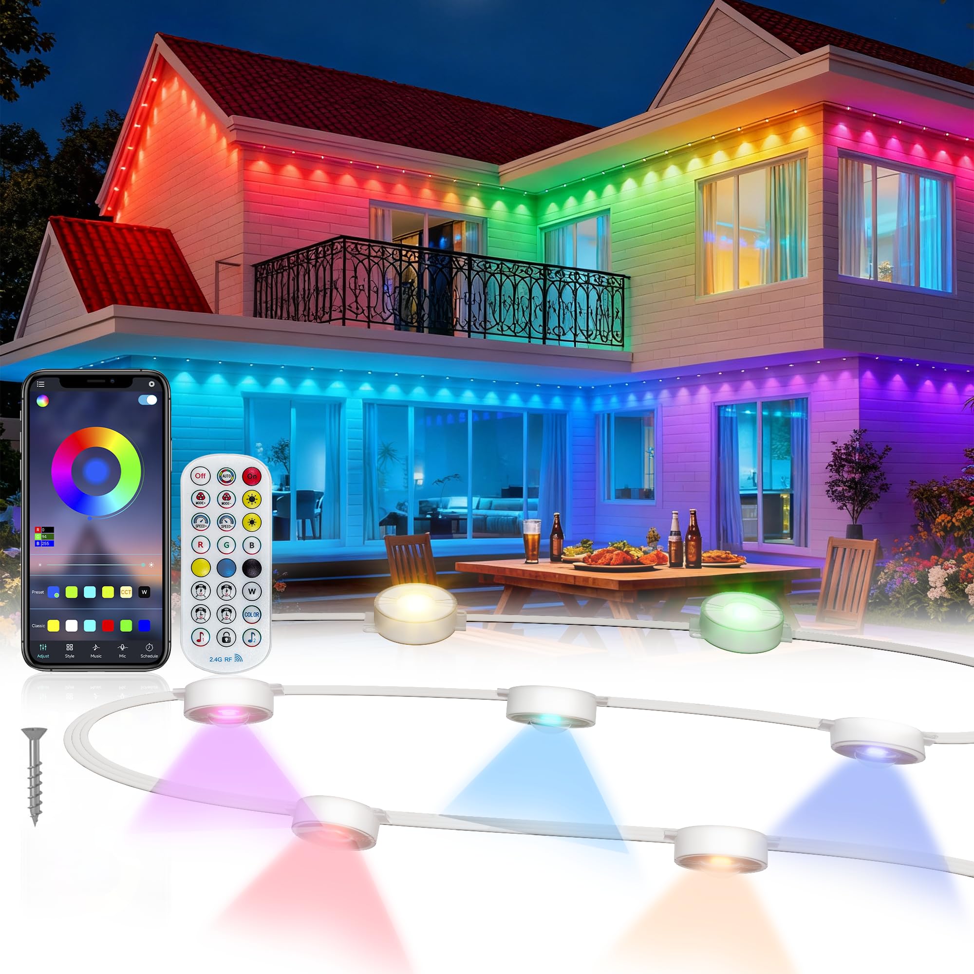 Permanent Outdoor Lights, 150ft with 90 RGB+IC LED Lights for House, 75 Scene Modes, IP68 Waterproof Eave lights Compatible with