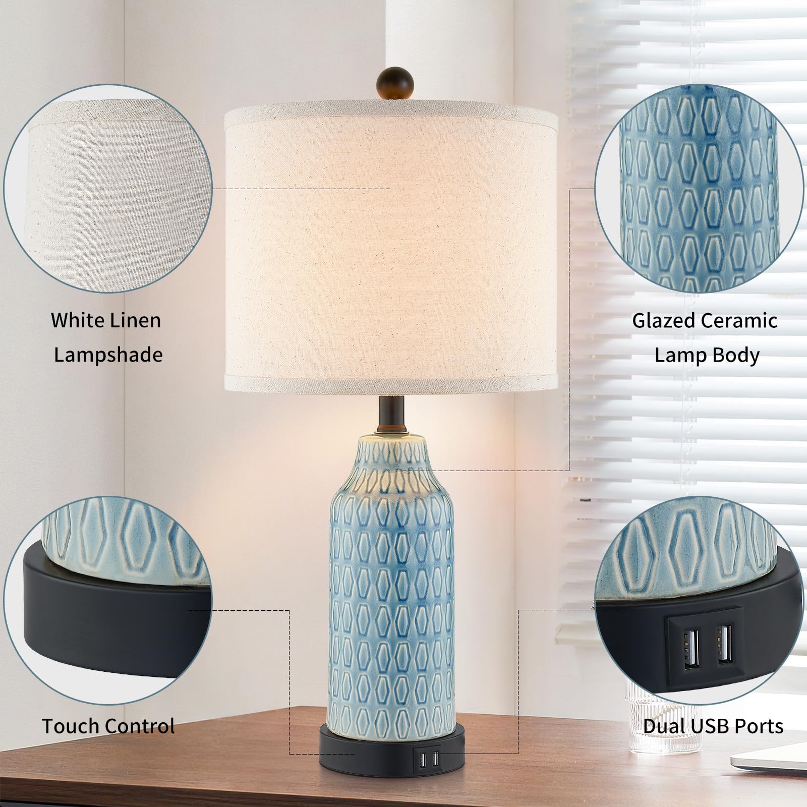 Cinkeda Blue Ceramic Table Lamps Set Of 2, Touch Control, Usb Ports, 3-Way Dimmable, Bulbs