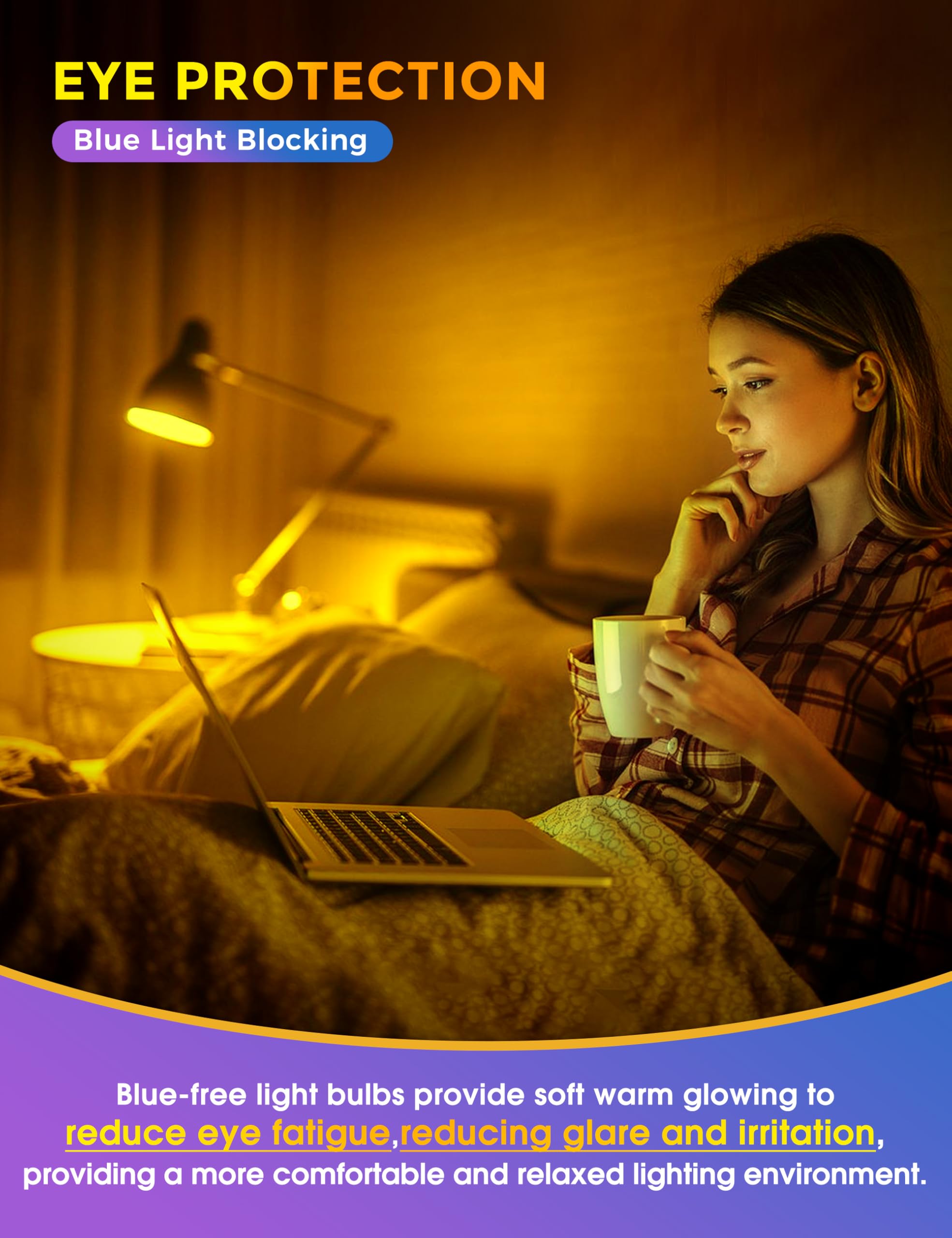 JandCase Dimmable Sleep Light Bulbs, 1900K Warm Amber, 60W Equivalent, Adjustable Brightness, 2 Pack