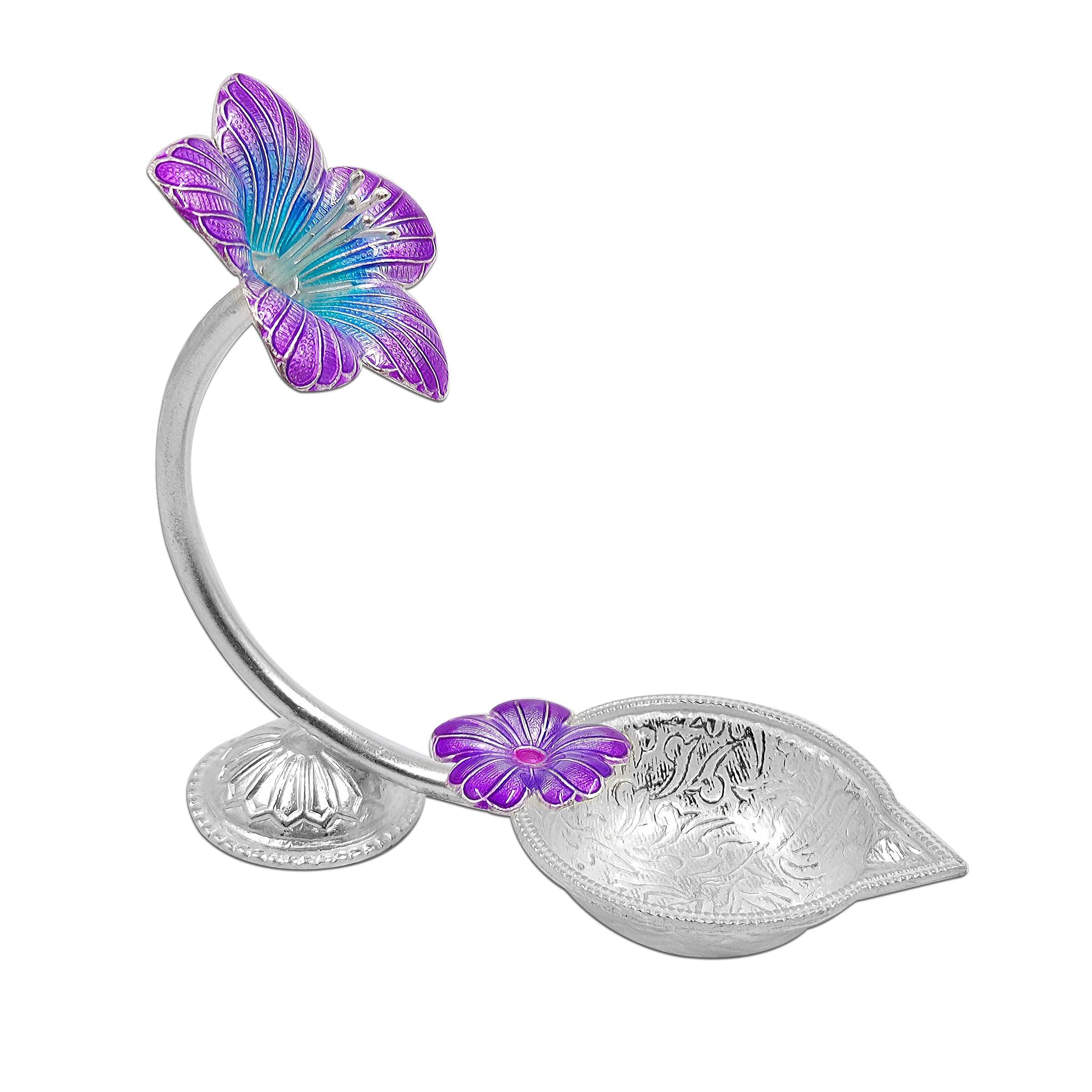 MAA SILVER Pure Silver Diya/Lamp/Deepak with Purple Hibiscus/Jaswanti Flower Design Perfect for Gift and Pooja Use (65 Purity)(2