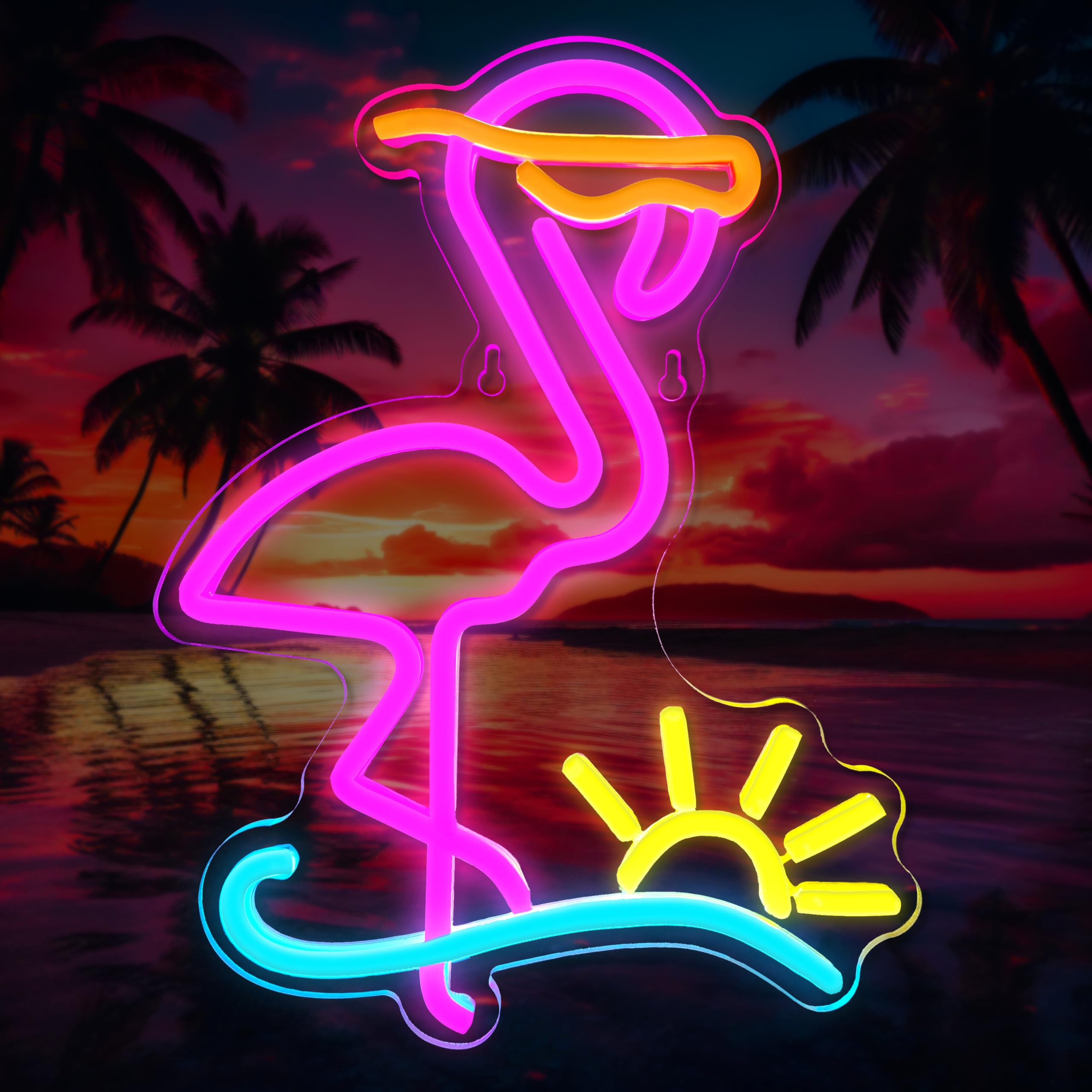 Flamingo Neon Sign Dimmable Flamingo Led Neon Lights Sun Wave Neon Signs for Bedroom Living Room Restaurant Man Cave Bar Club Pa