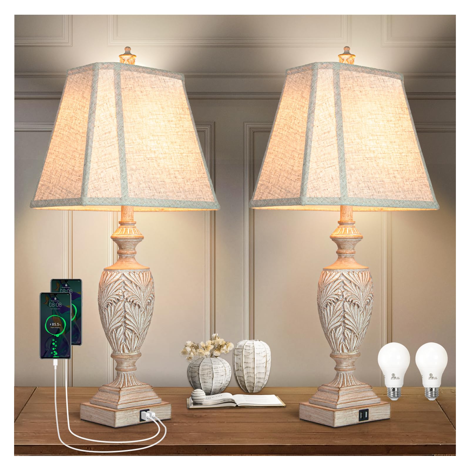 29.5&quot;H Touch Control Traditional Table Lamp Set Of 2,Vintage Bedside Lamp Nightstand Lamps With Dual Usb Ports,3-Way Dimmable Hollow Out Leafwork White Washed Finish Desk Lamps For Living Room,Bedroom