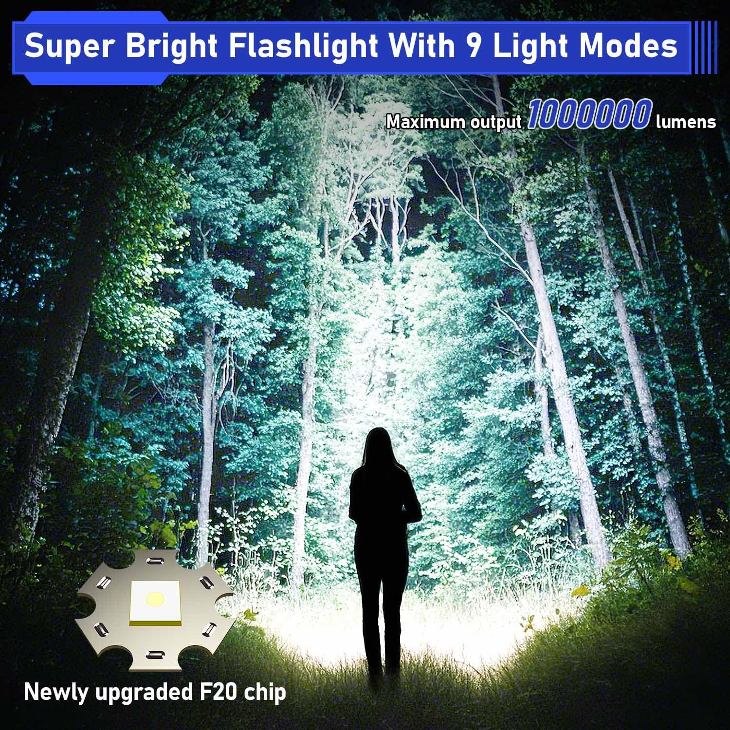 JAY-PARK High Lumens Rechargeable Flashlight 100000 Lumens, 9 Modes, Small Gray Aluminum, Model F20